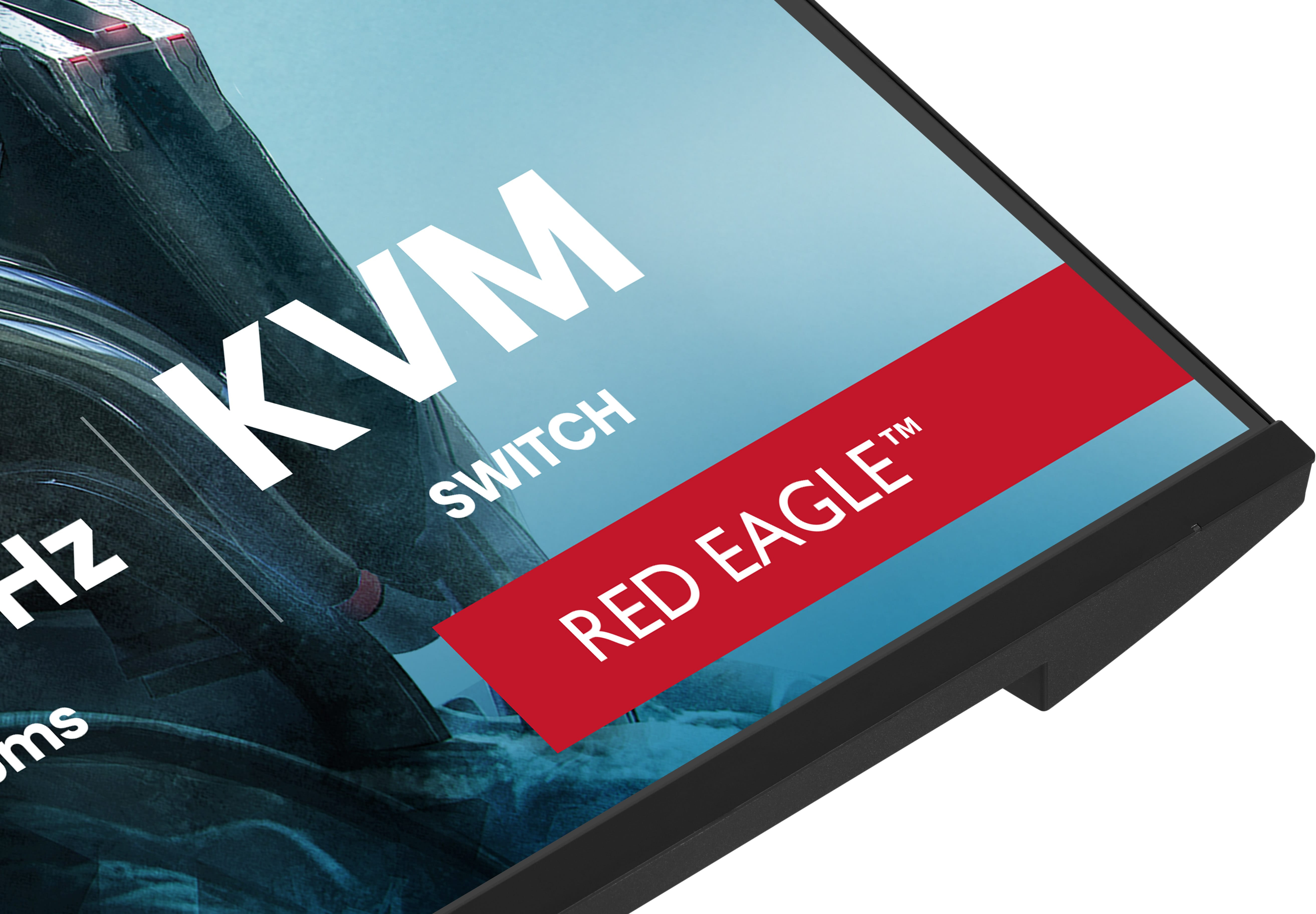 Czarny monitor wyświetla KVM SWITCH RED EAGLE na tle nieba.