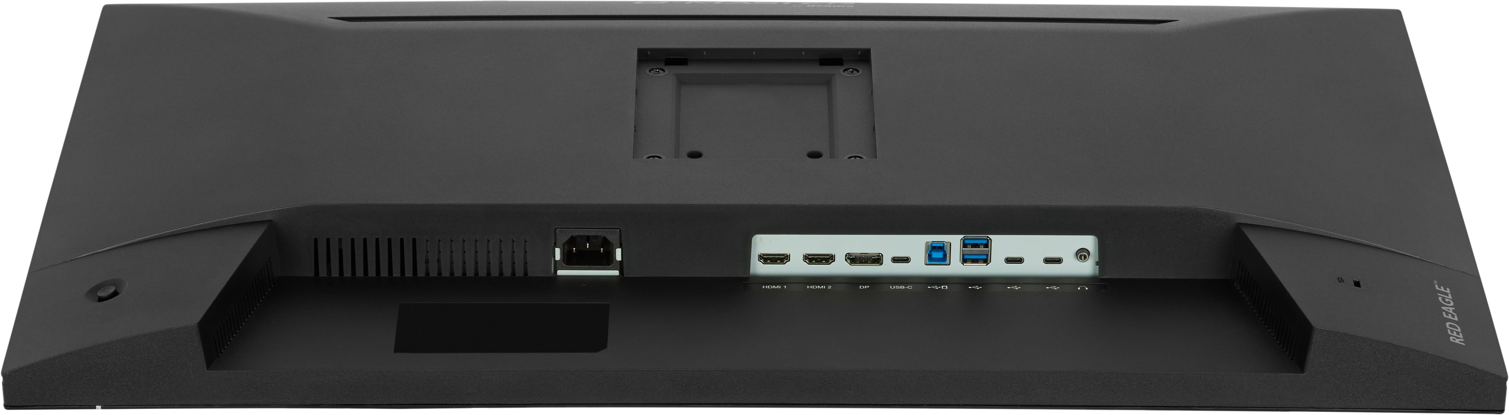 Tył czarnego monitora z portami: zasilanie, HDMI, DP, USB-C i USB-A.