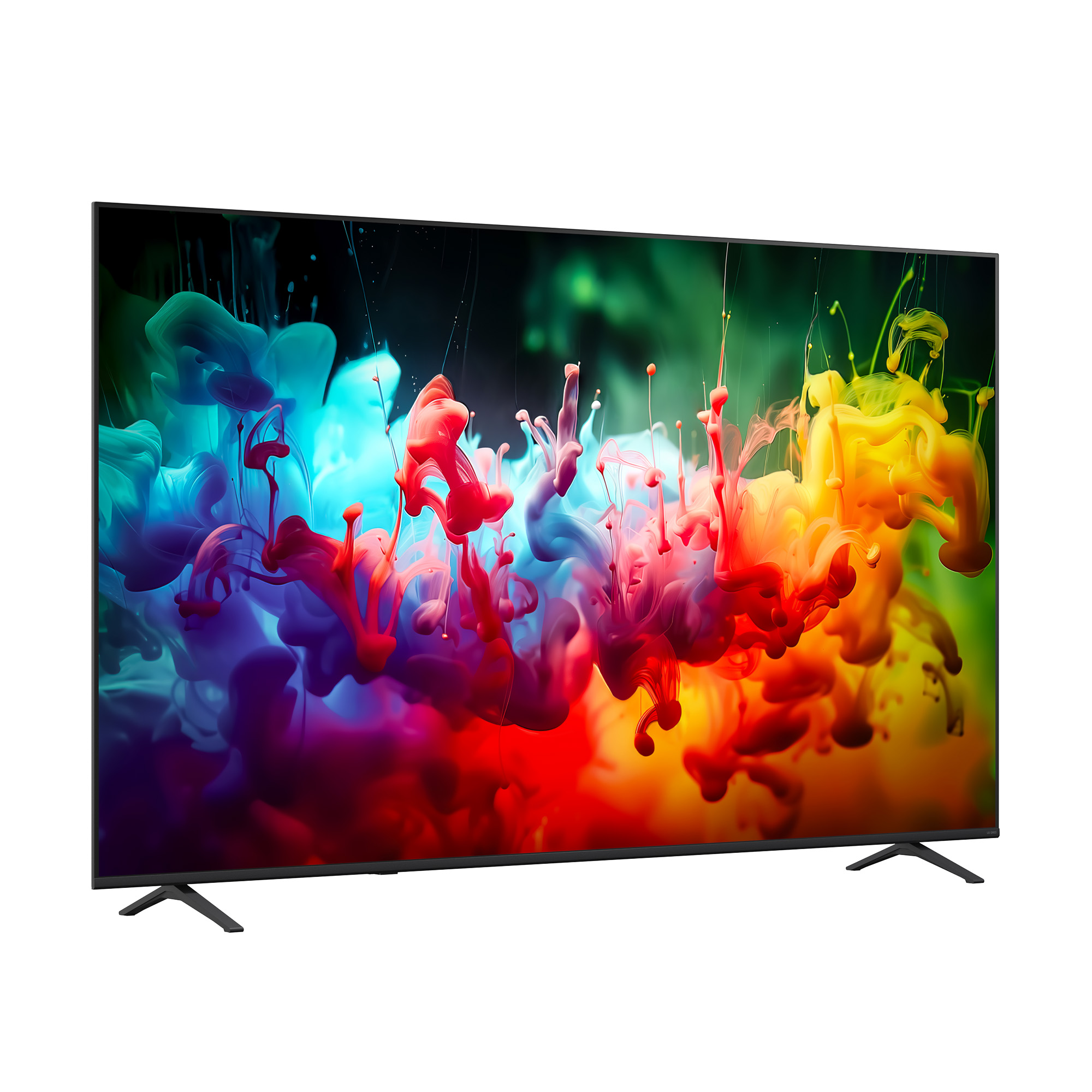 Un televisor negro moderno muestra una vibrante imagen abstracta de nubes de tinta coloridas.