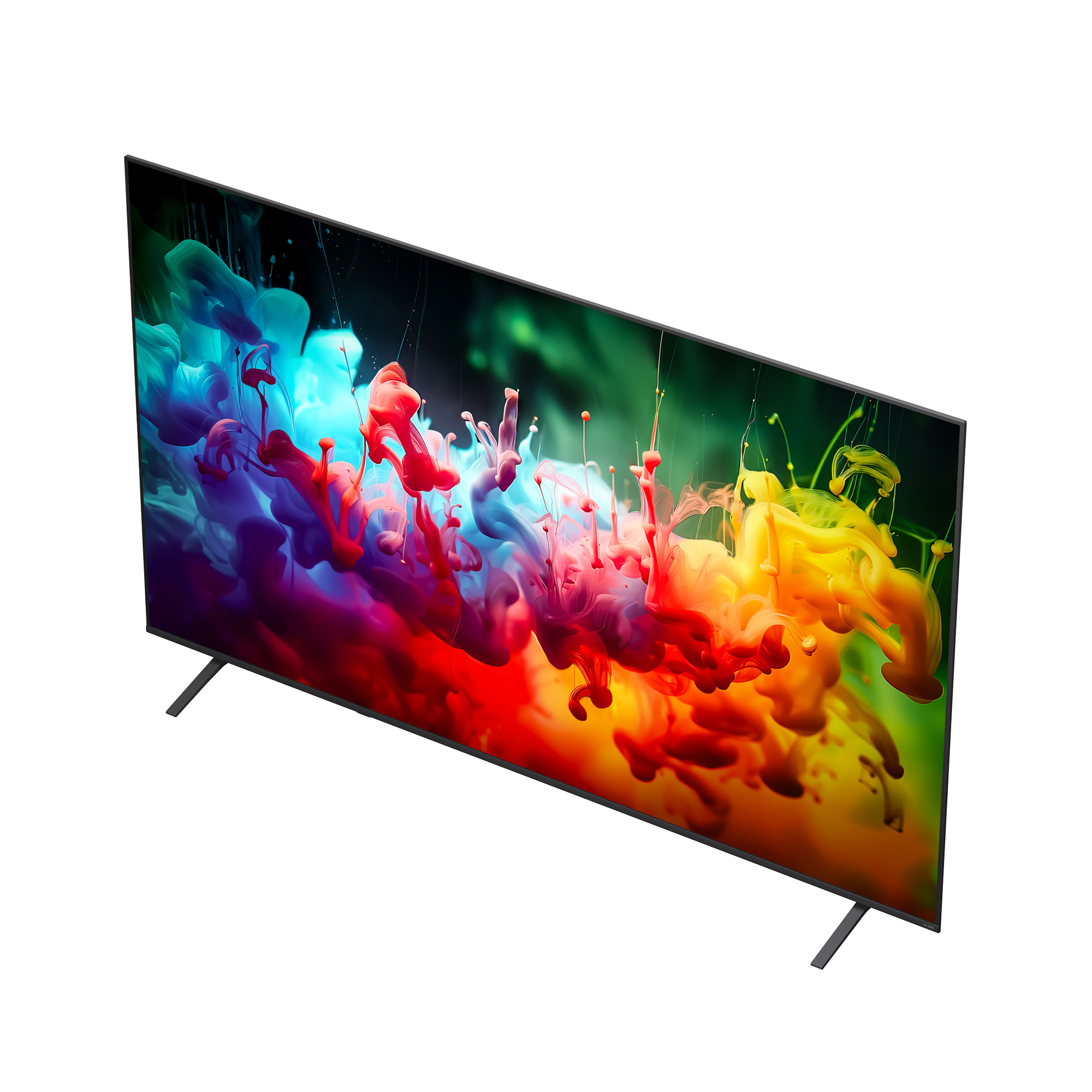 Un televisor moderno con un salvapantallas de humo colorido, sobre un fondo blanco.