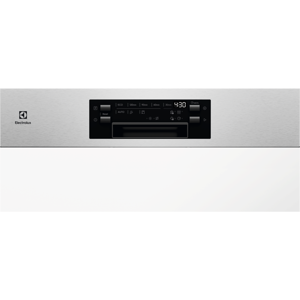 Mosogatógép kezelőpanel Electrolux logóval és digitális kijelzőkkel.