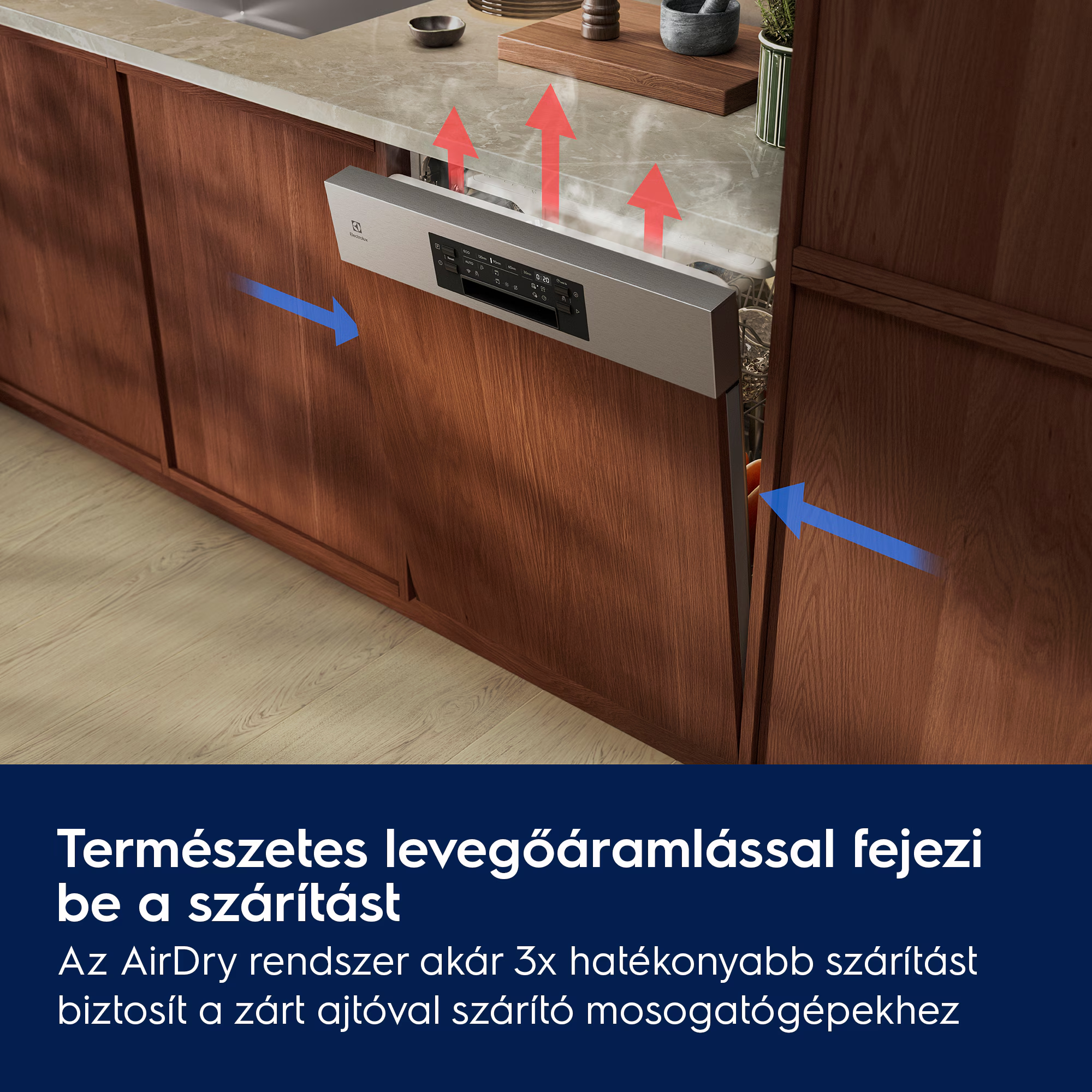 Mosogatógép szárítása természetes légáramlással, piros nyilakkal.