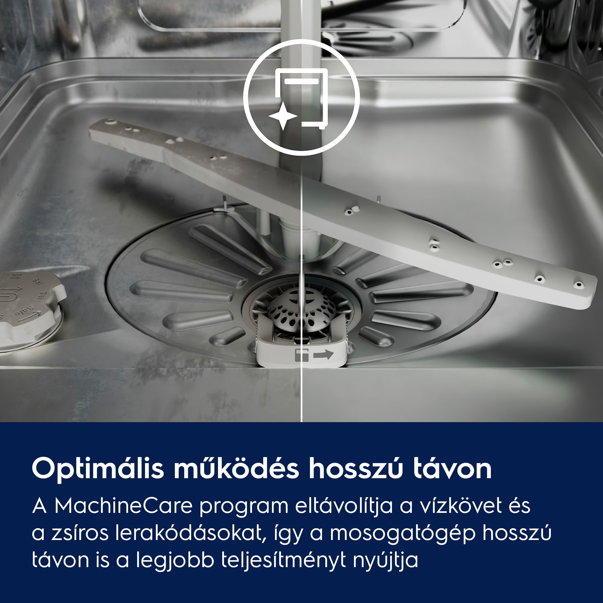 Mosogatógép belső nézete gépápolási szimbólummal