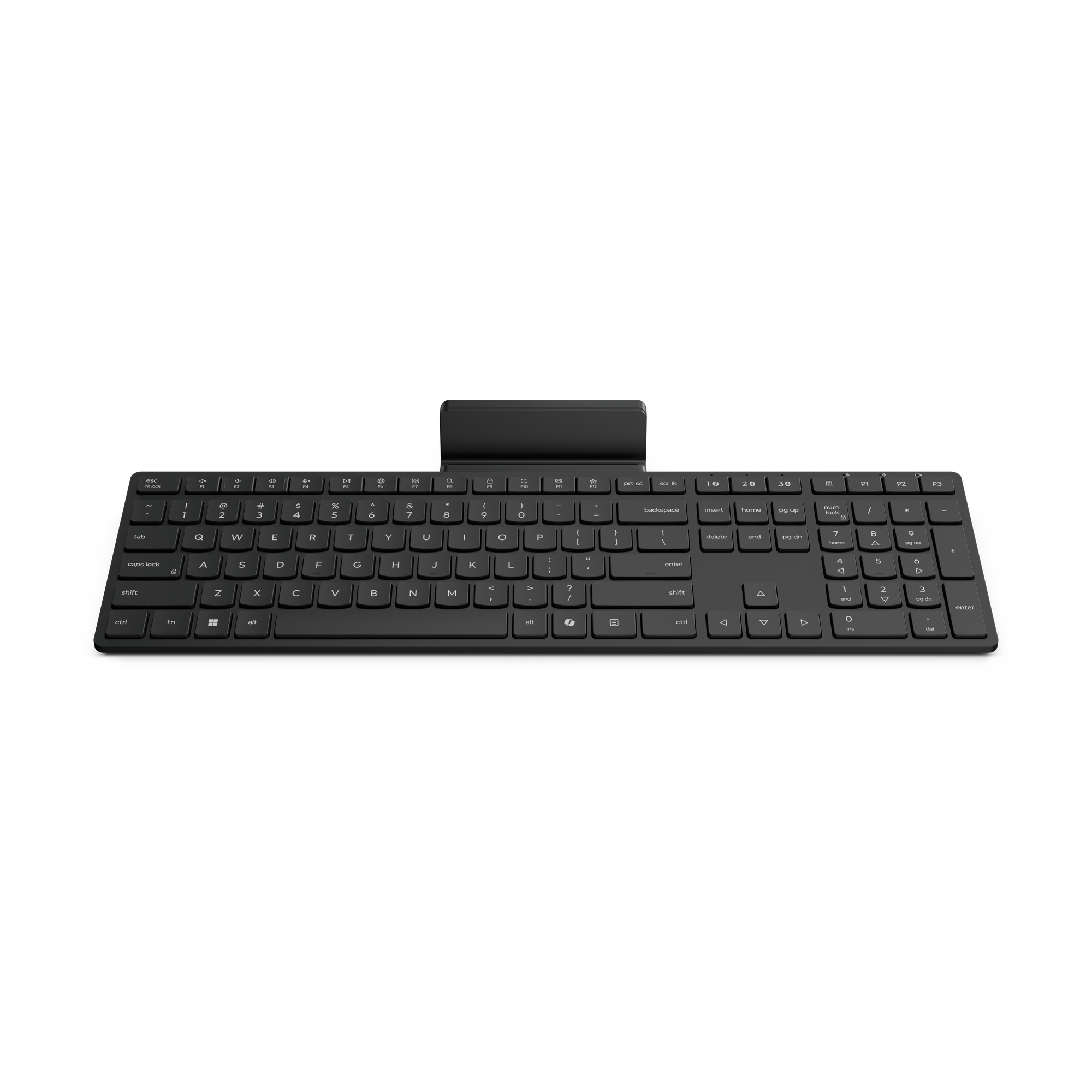 Teclado negro con teclado numérico y soporte integrado.