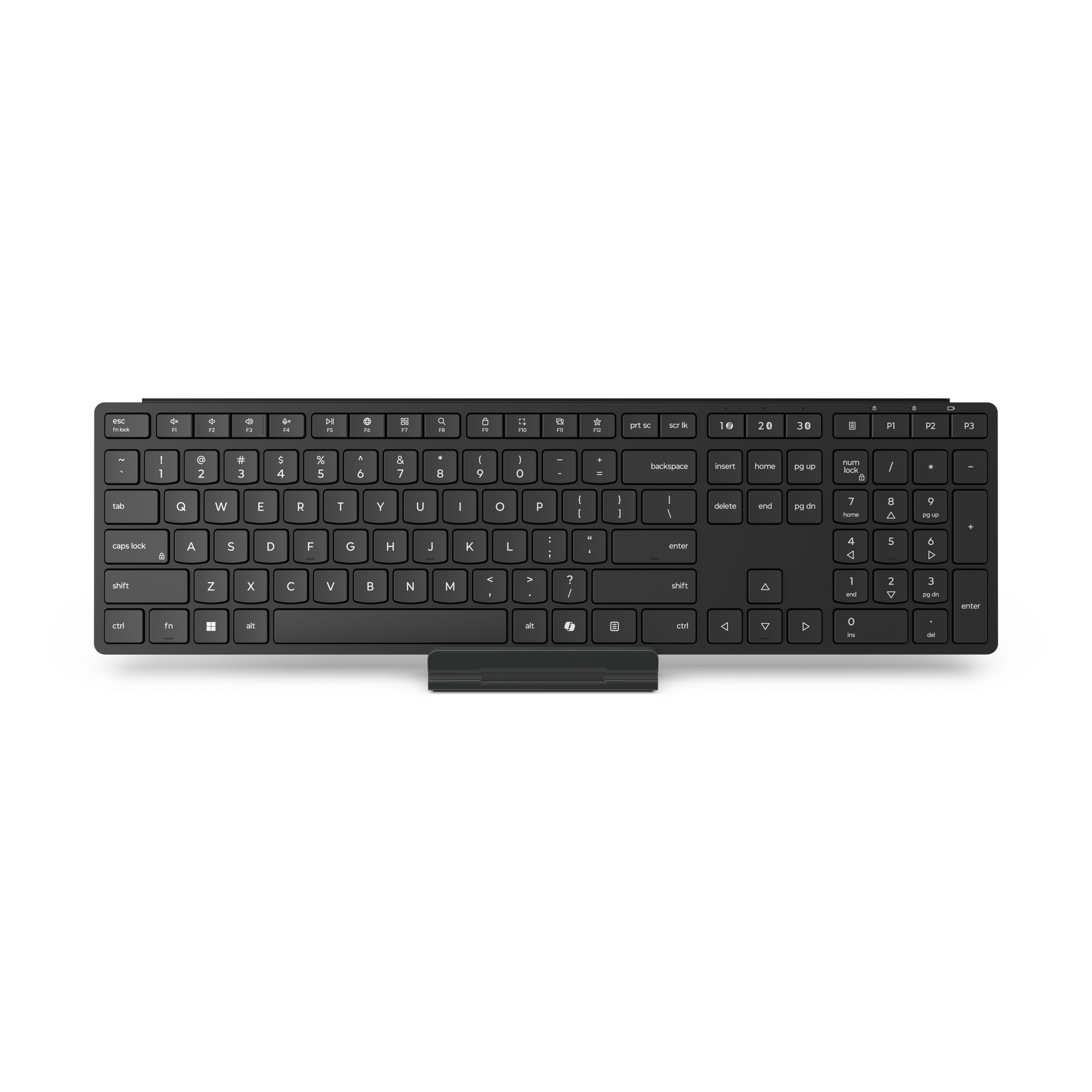 Un teclado negro con teclado numérico sobre fondo negro.