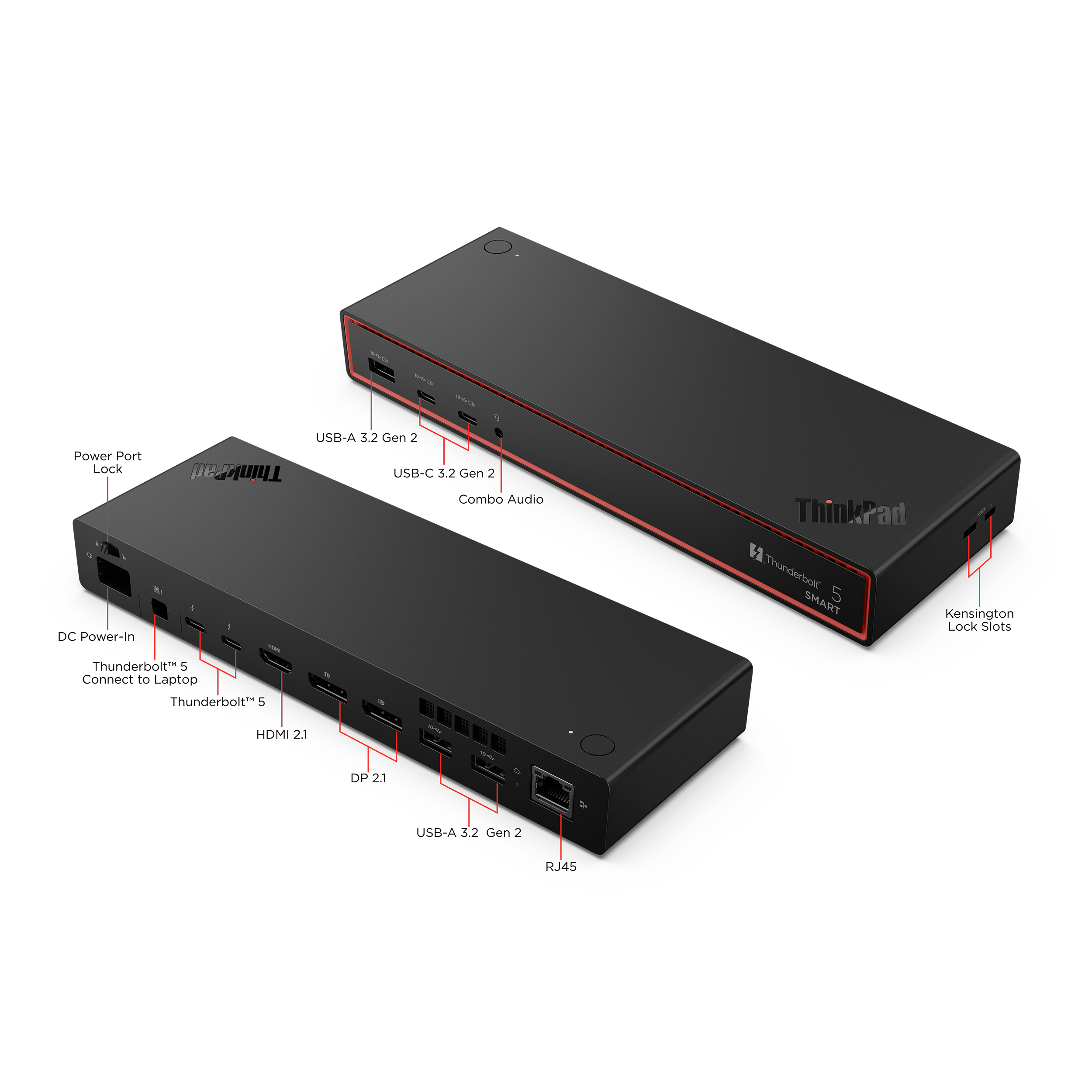 Dos estaciones de acoplamiento ThinkPad negras con puertos y etiquetas sobre fondo negro.