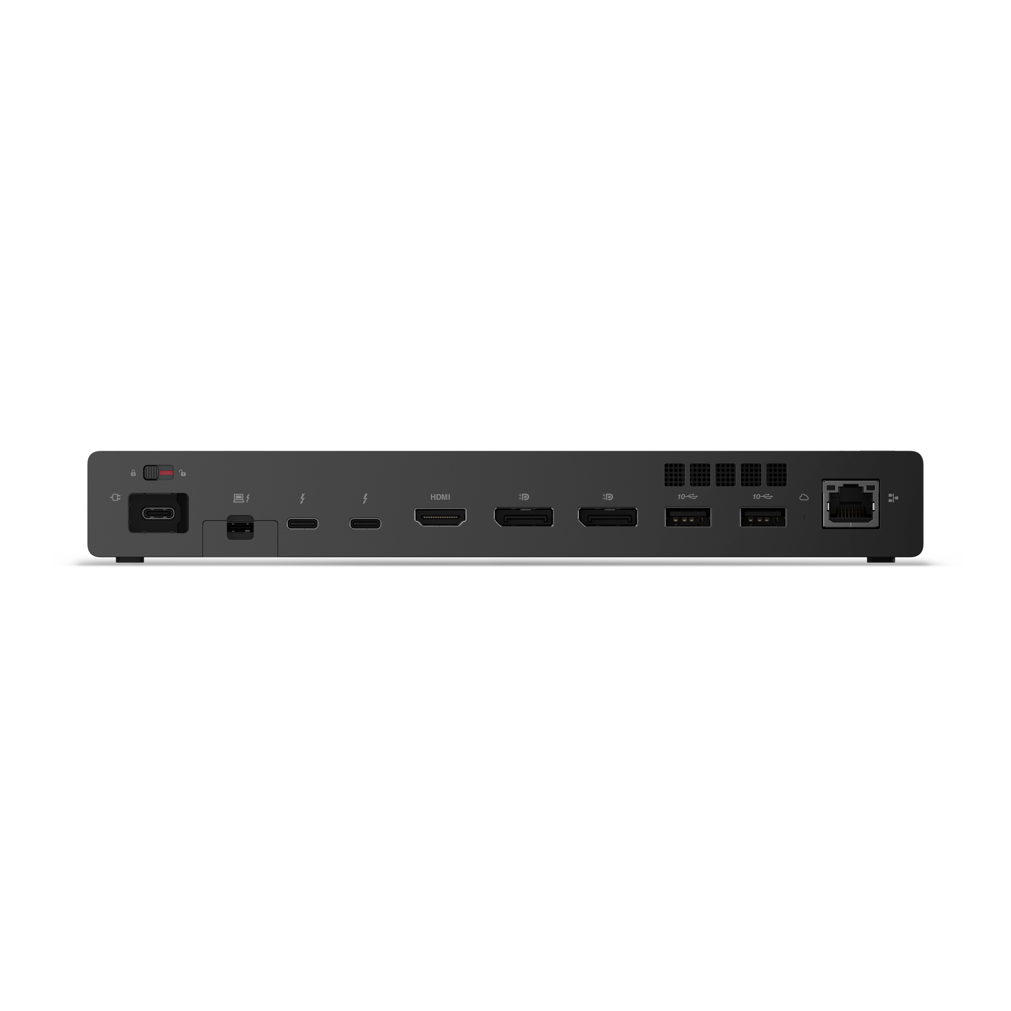 Parte trasera de un ordenador gris con puertos: USB-C, HDMI, DisplayPort, USB-A, Ethernet.