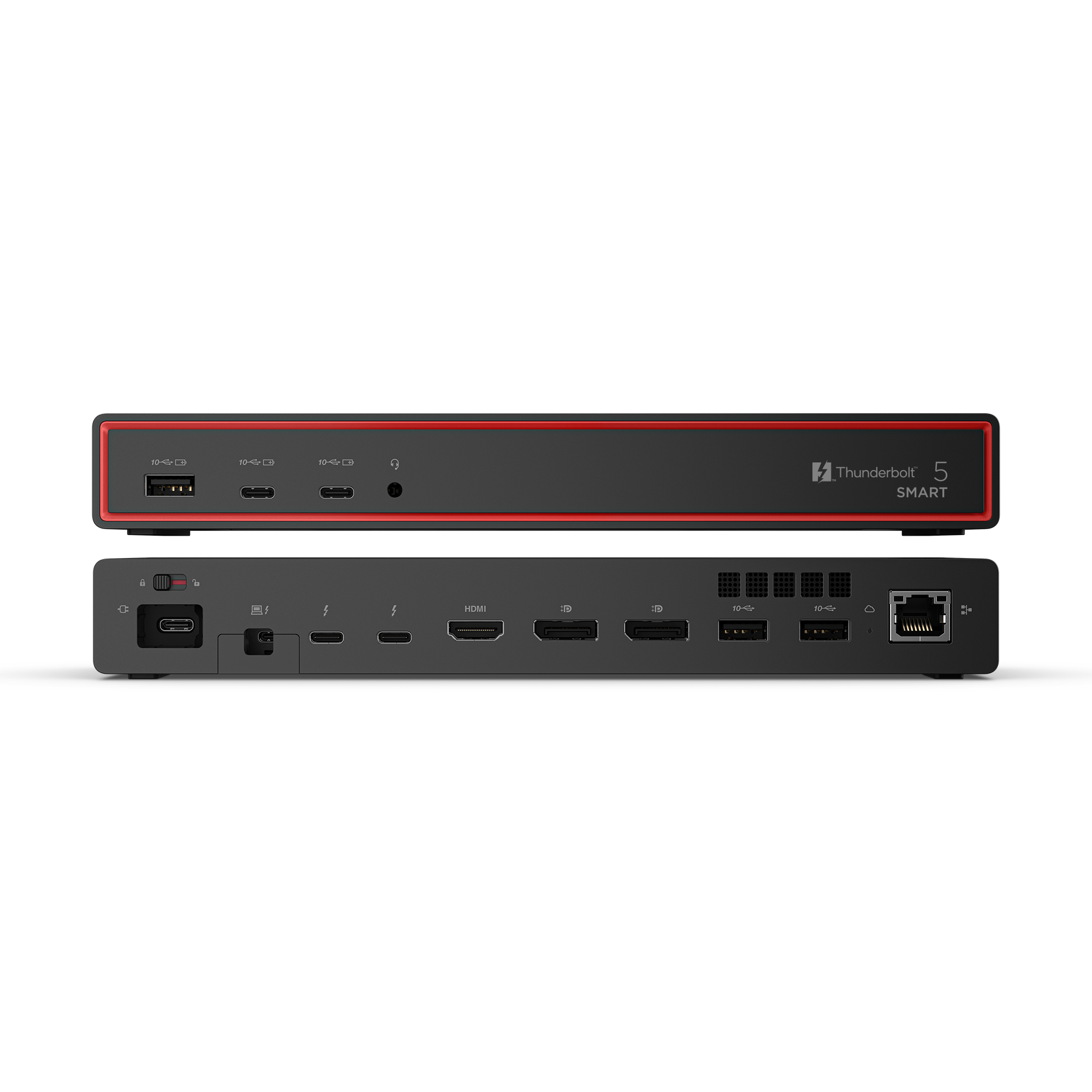 Vistas frontal y trasera de una estación de acoplamiento Thunderbolt 5 negra con varios puertos.
