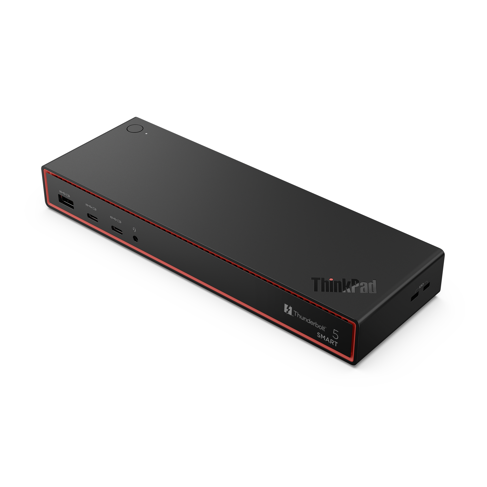 Dock inteligente ThinkPad Thunderbolt 5 negro con borde rojo y puertos.