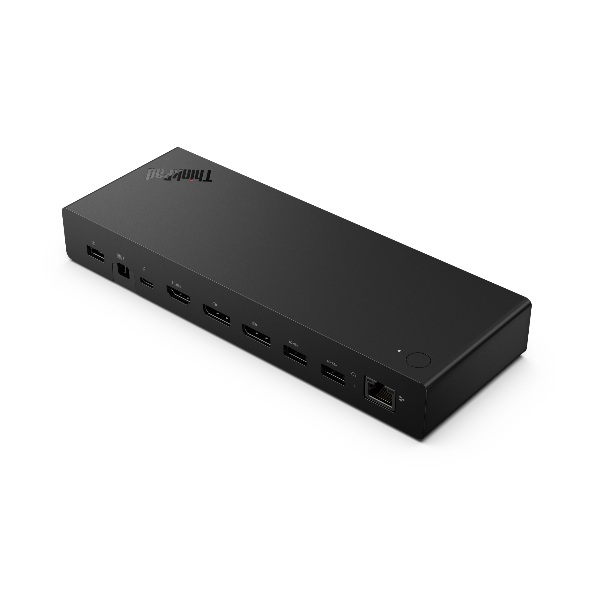 Estación de acoplamiento ThinkPad negra con puertos USB, HDMI y Ethernet.