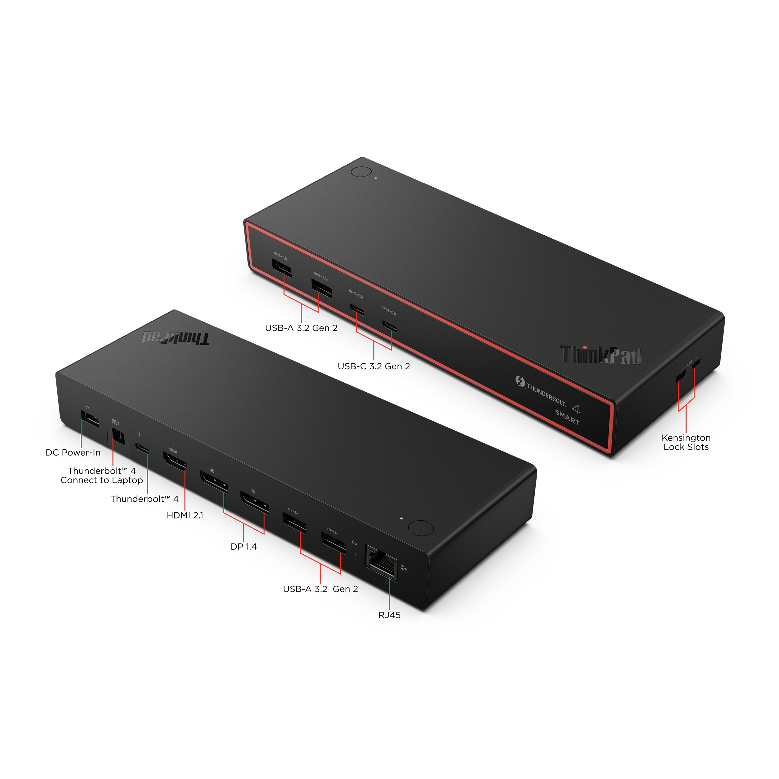 Dos estaciones de acoplamiento ThinkPad Thunderbolt 4 negras con acentos rojos.