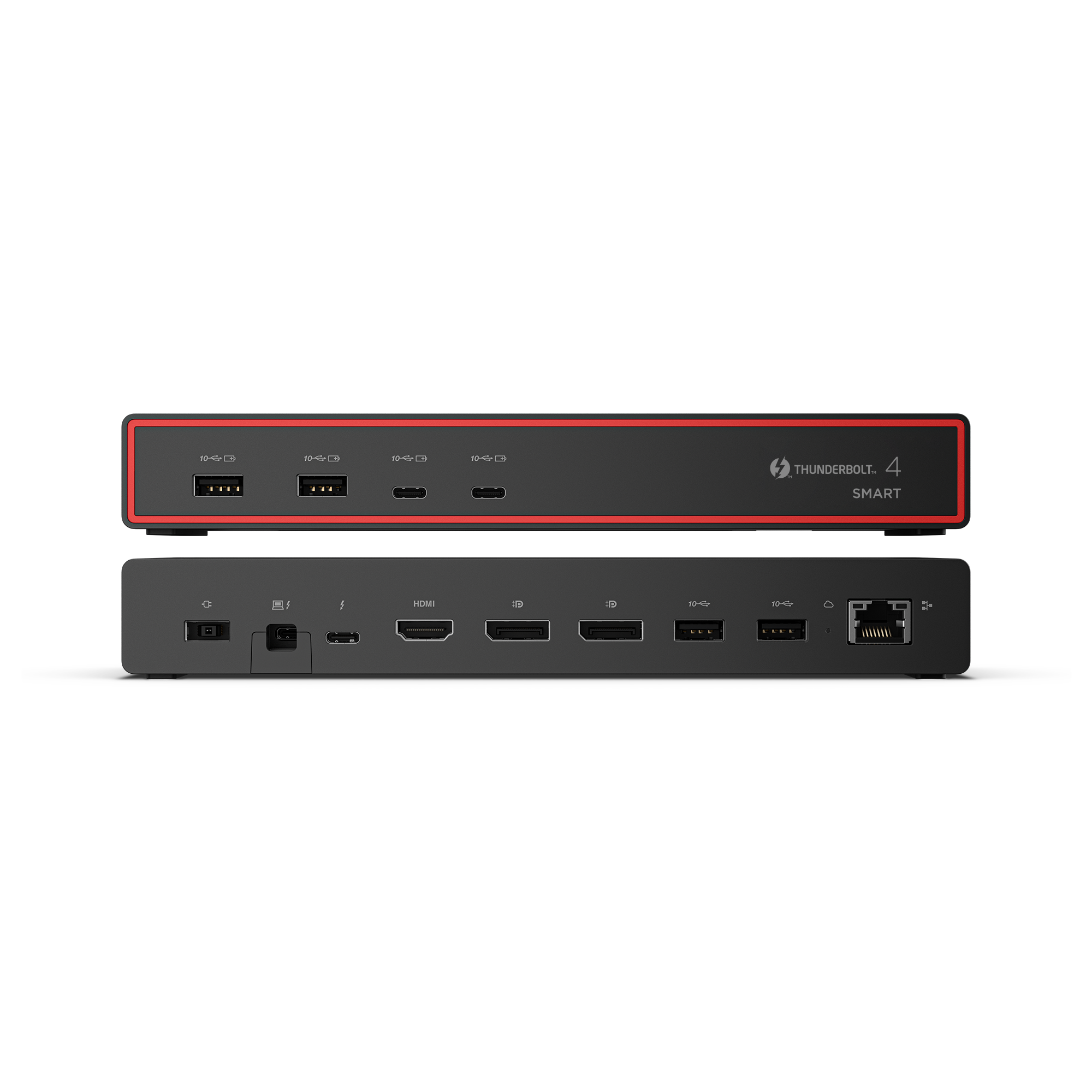 Hub de acoplamiento negro con detalles rojos, Thunderbolt 4 y puertos USB.