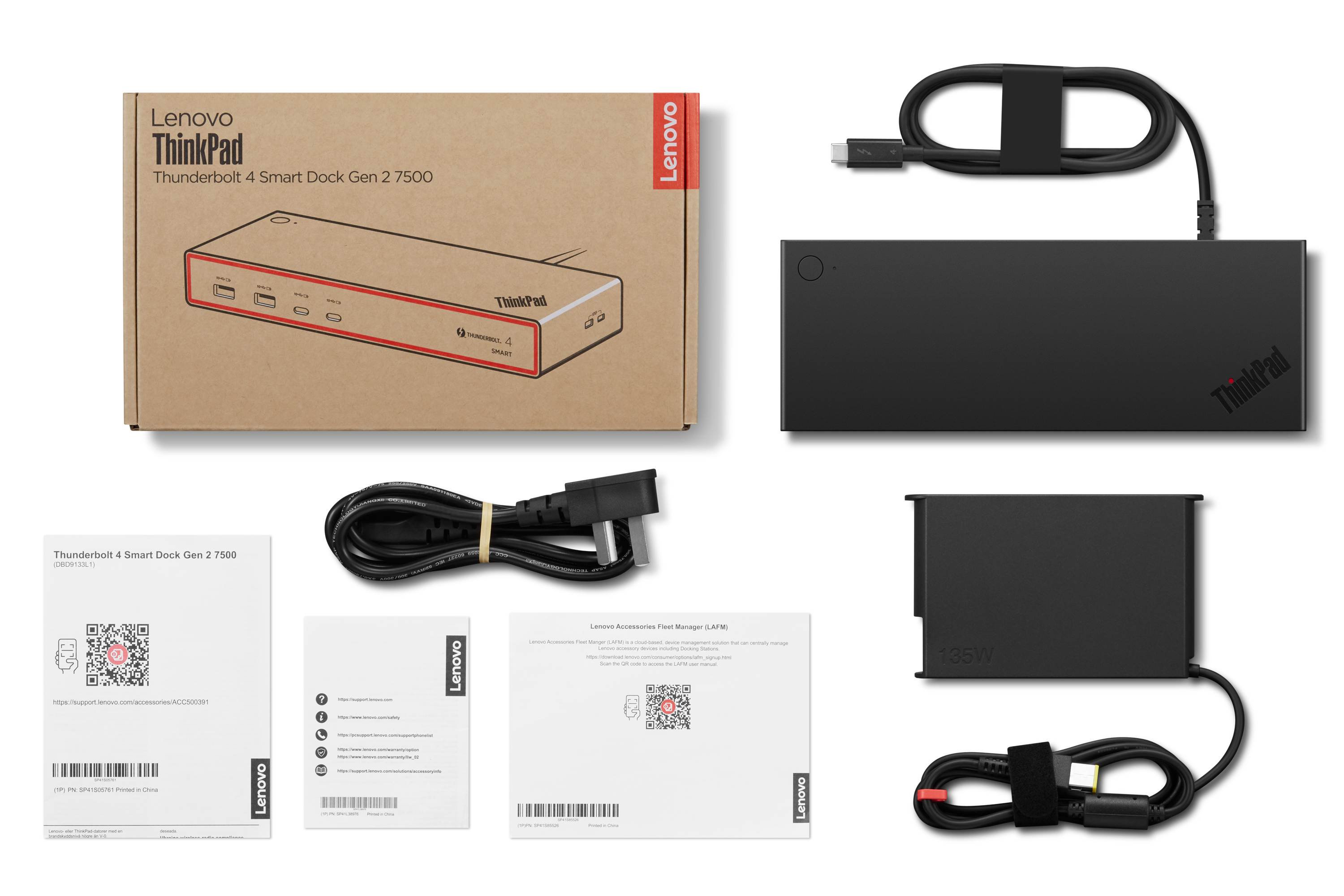 Dock Lenovo ThinkPad Thunderbolt 4 con adaptador de corriente, cable y documentación.