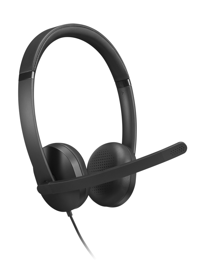 Auriculares negros con diadema, micrófono y almohadillas perforadas.