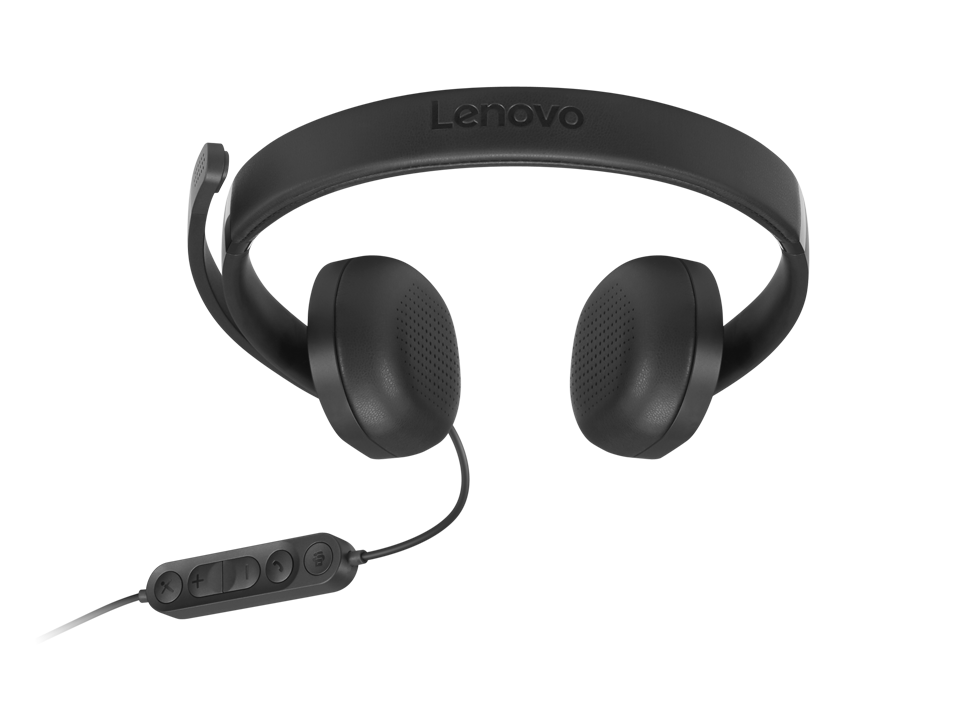 Auriculares negros Lenovo con micrófono y control en línea.