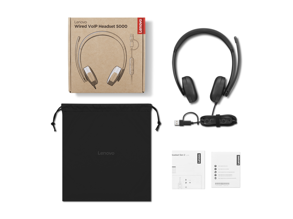 Lenovo Wired VoIP Headset 5000 con caja, auriculares, bolsa, cable y manuales.
