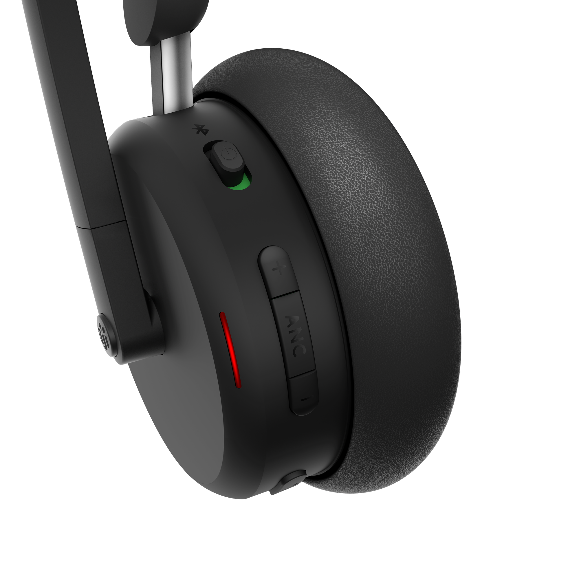 Auriculares negros con botón ANC y LEDs iluminados.