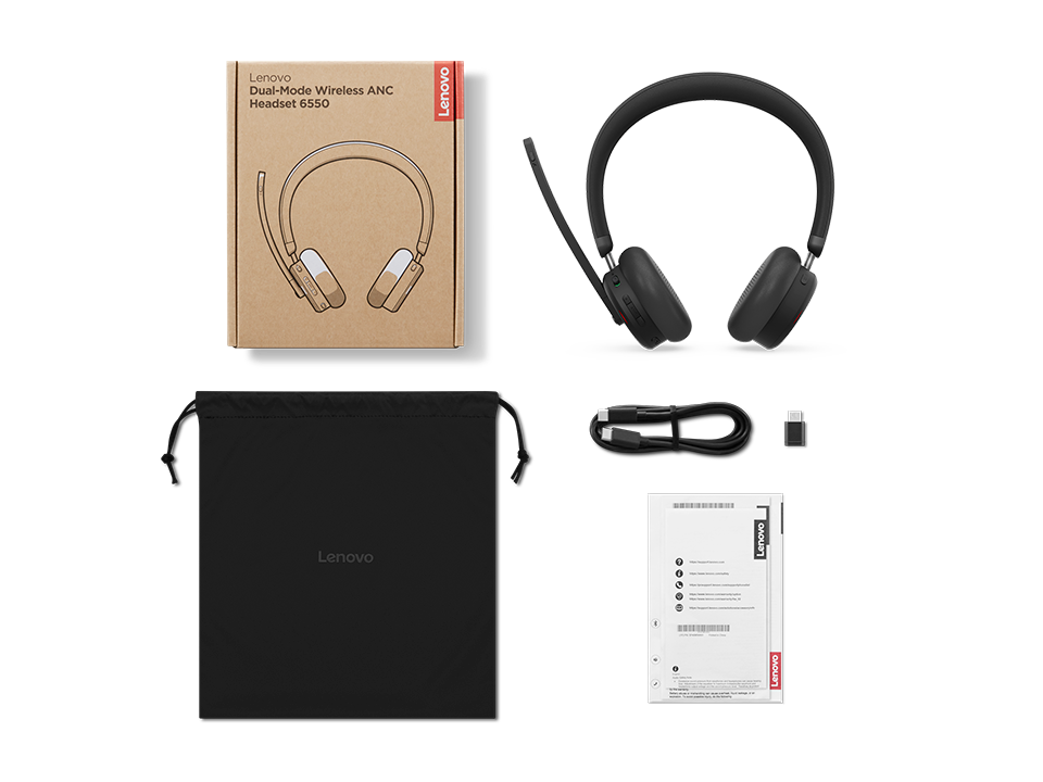 Auriculares Lenovo, caja, bolsa, cables y manual sobre fondo negro.