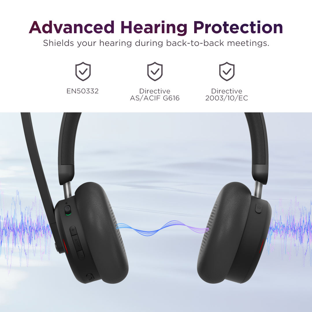Auriculares negros con protección auditiva avanzada y patrón de ondas.