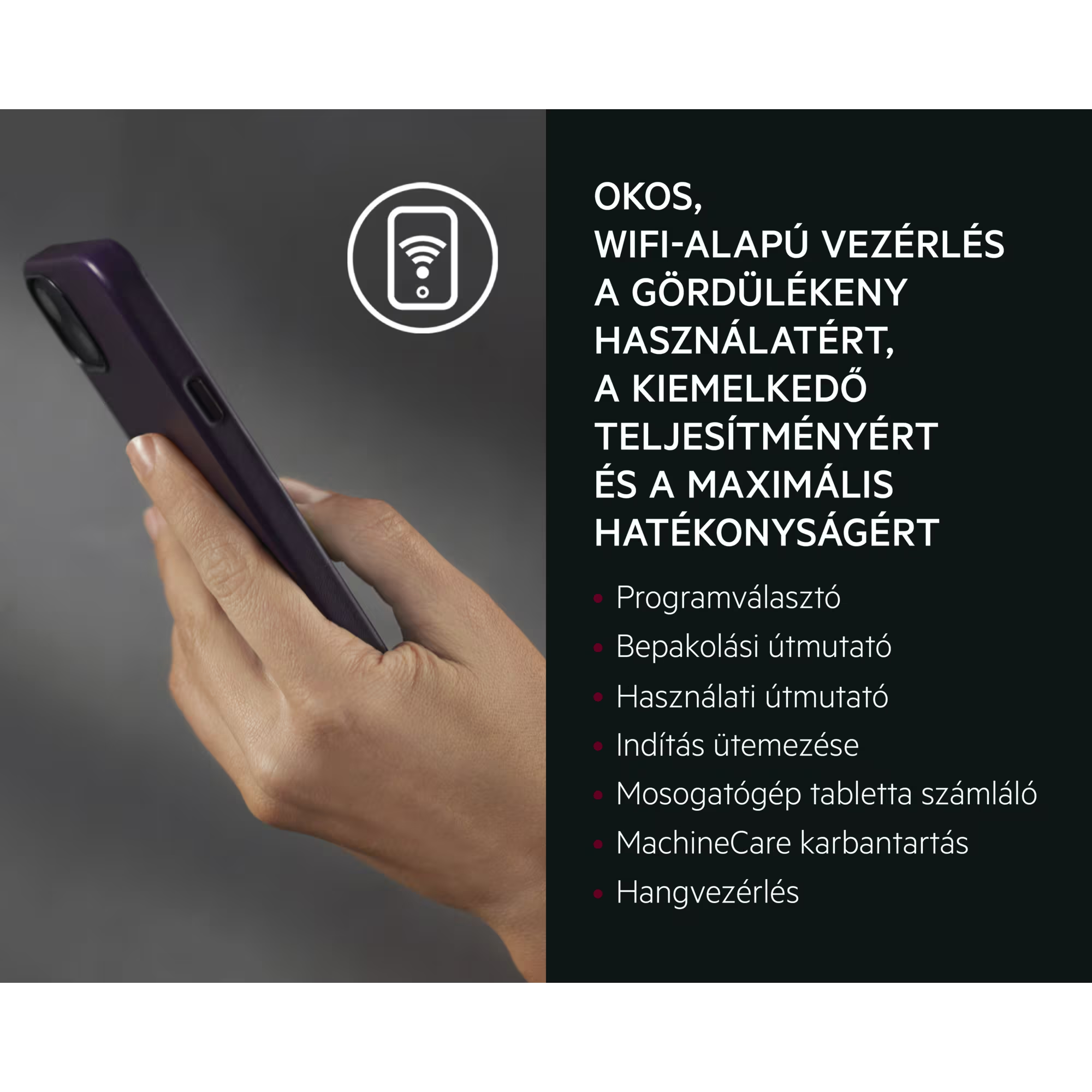 Kéz okostelefont tart, mely wifivel csatlakozik. Szöveg az intelligens vezérlésről.