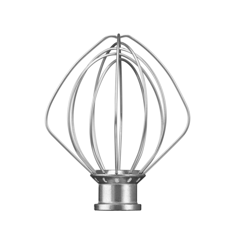 Un batidor de globo plateado con base de metal sobre fondo blanco.