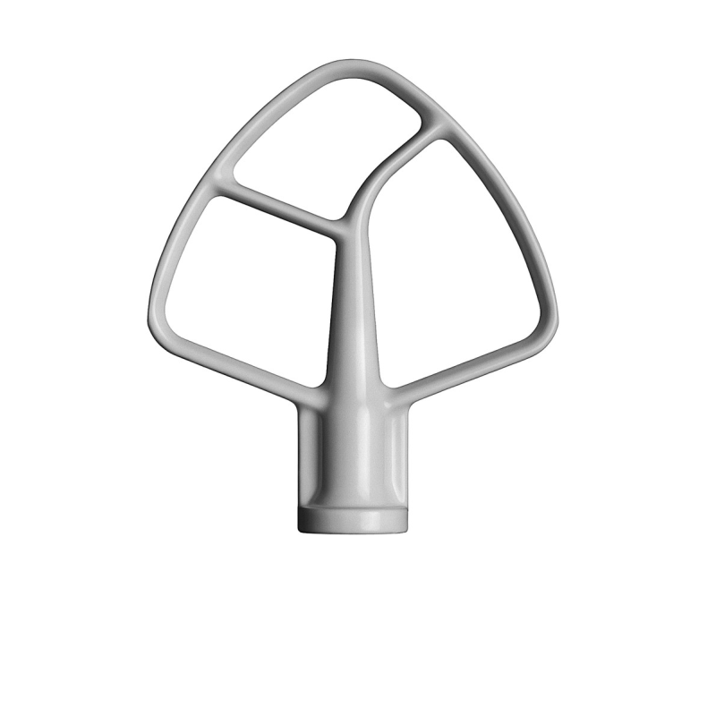 Un batidor plano blanco para batidora de cocina con tres alas y un eje central.