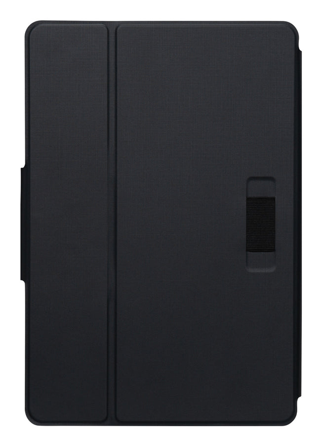 Funda negra para tableta con diseño plegable y banda elástica negra.