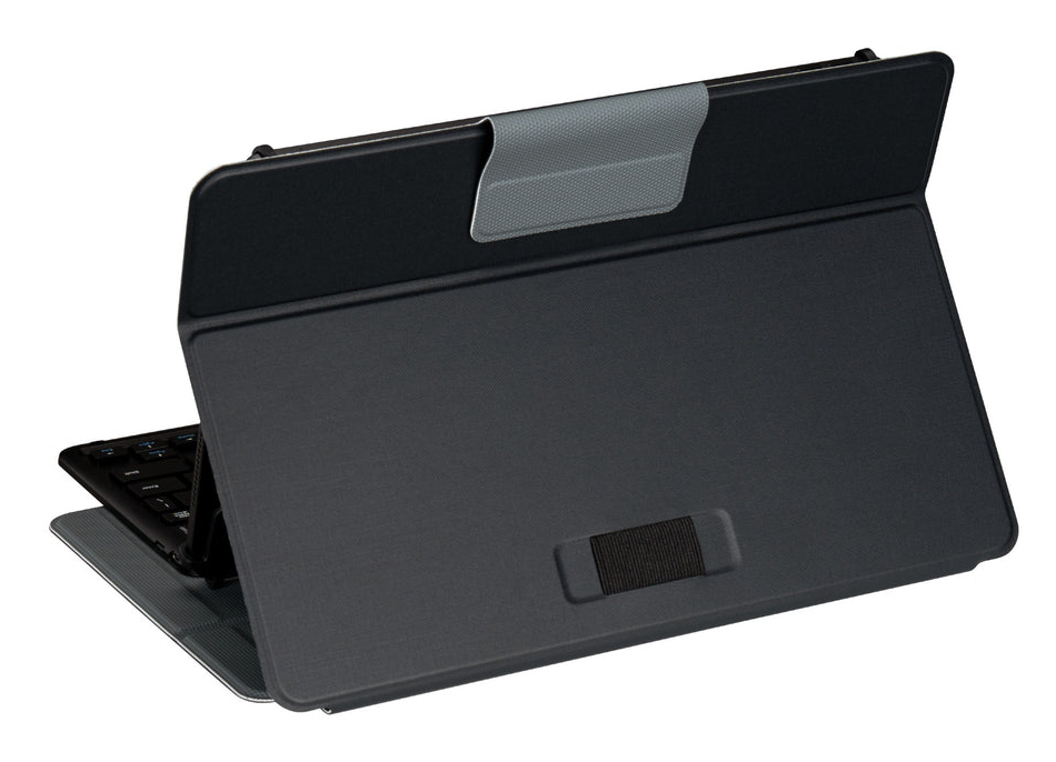 Funda negra para tableta con teclado integrado, de pie sobre fondo blanco.