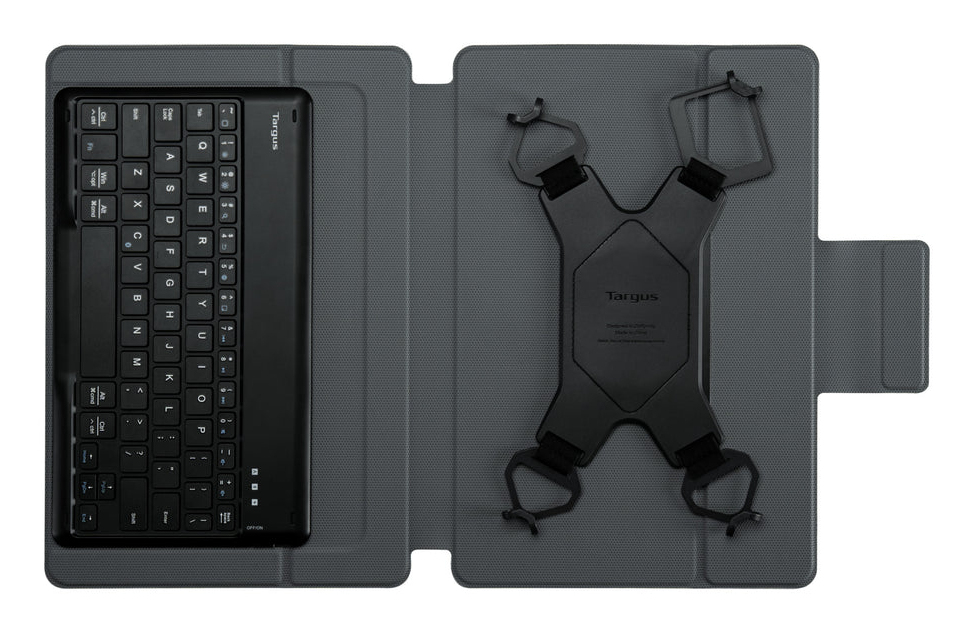 Funda gris para tableta con teclado y soporte negros.
