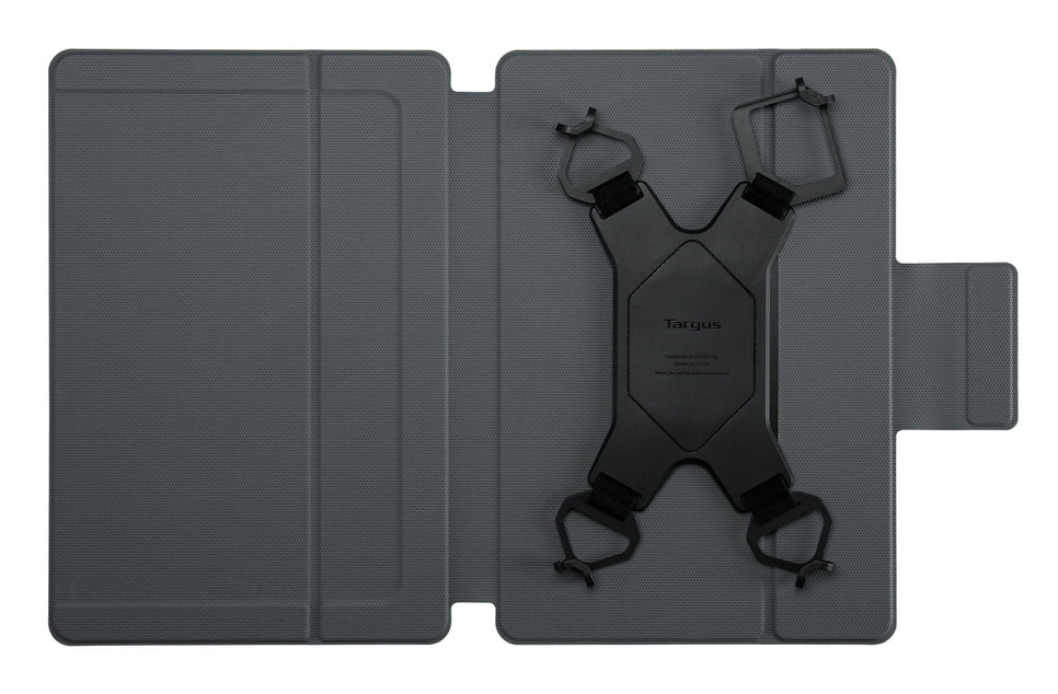 Funda gris para tableta con correas de sujeción negras y logo Targus.