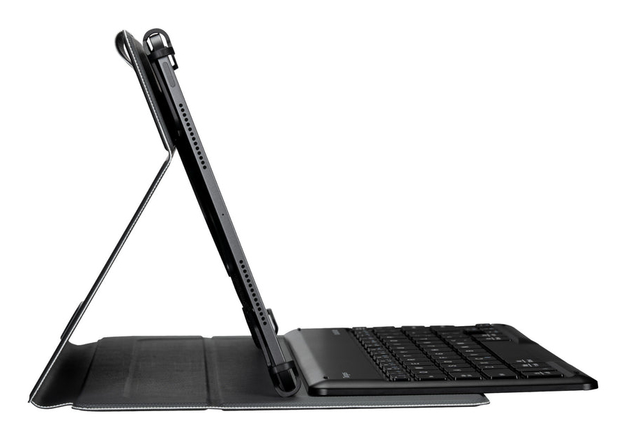 Una tableta negra en funda con teclado, apoyada en orientación horizontal.
