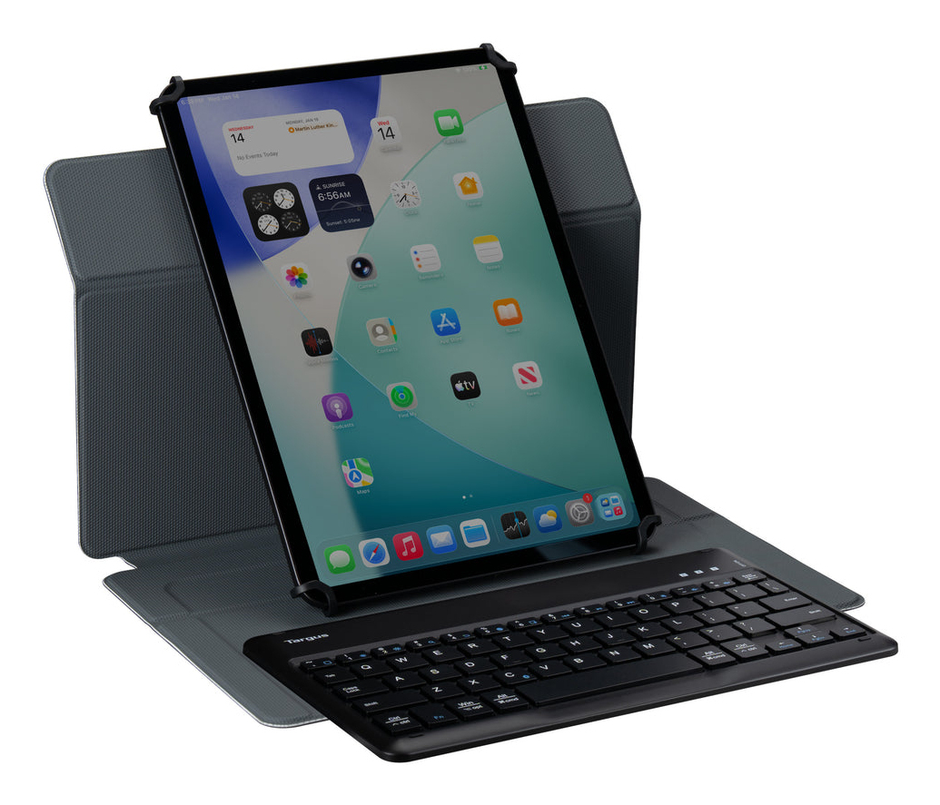 Se muestra una tableta con funda de teclado. La pantalla de la tableta muestra iconos de aplicaciones y widgets.