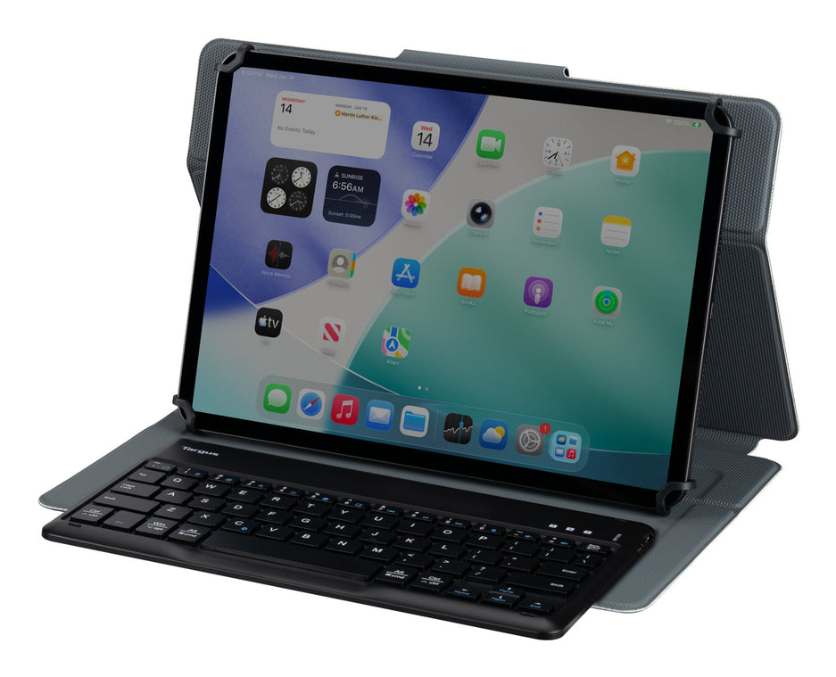 Una tableta con teclado adjunto en una funda gris.