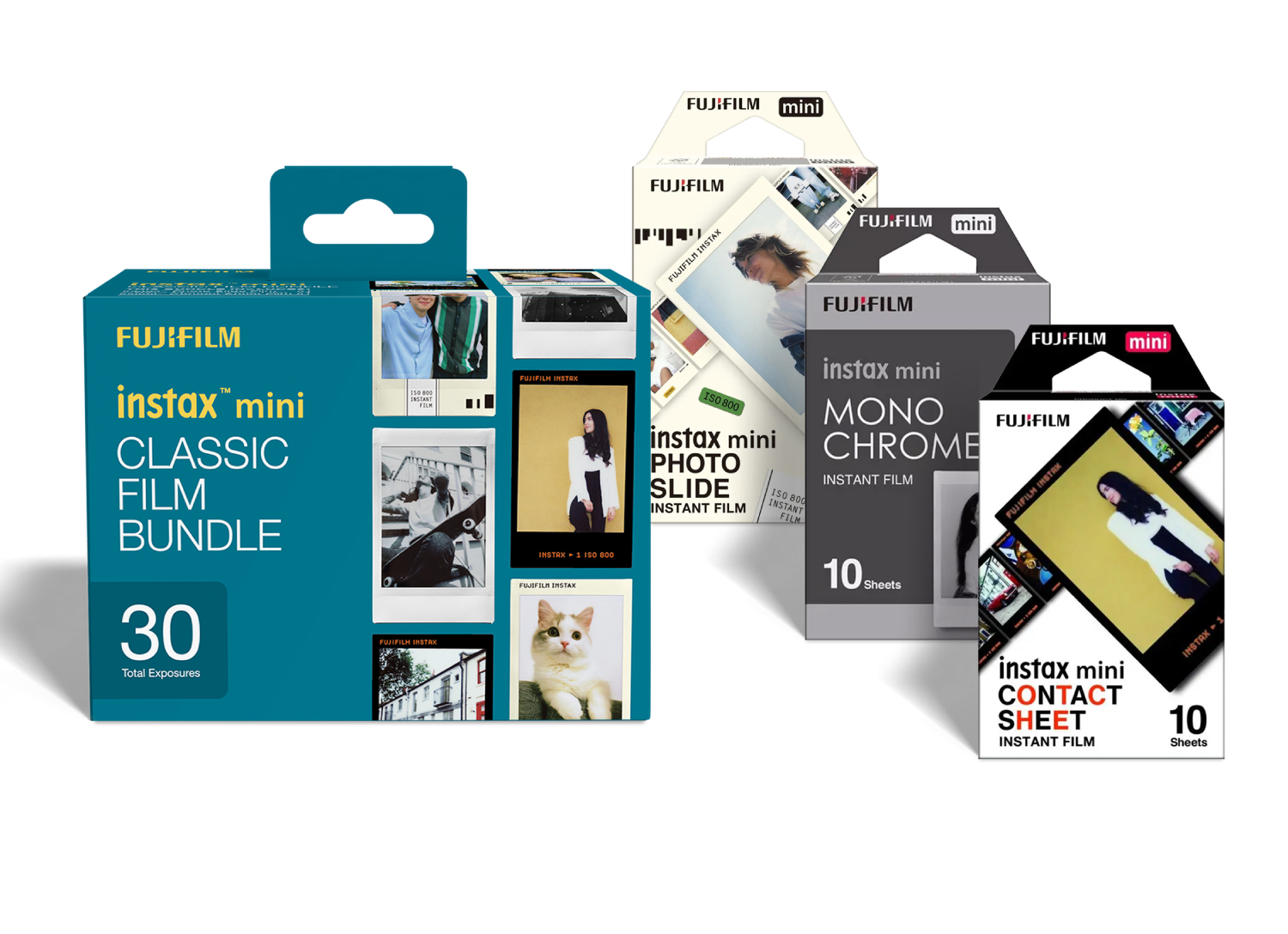 Packs de película Fujifilm Instax mini: Clásico, Foto Diapositiva, Monocromo, Contacto.