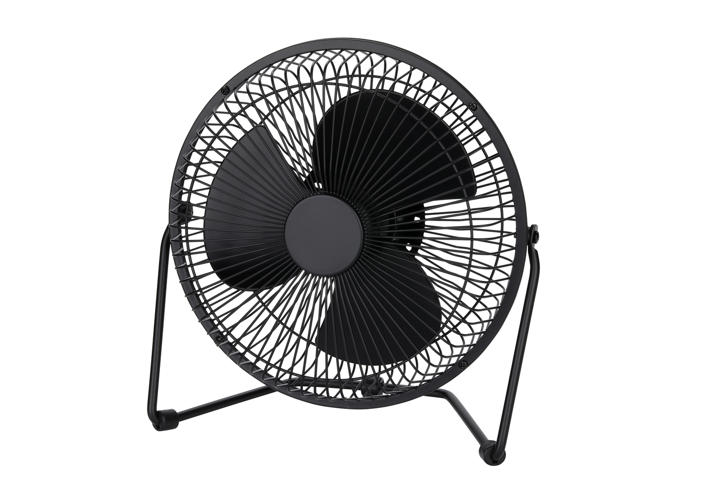 Un pequeño ventilador negro con rejilla metálica y tres aspas.