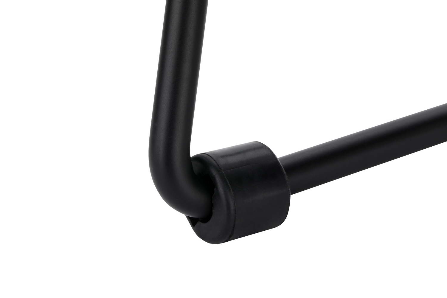 Un tubo metálico negro con un tapón de goma, aislado sobre fondo blanco.