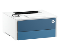 Una impresora láser HP blanca con cajones azules y una pantalla pequeña.