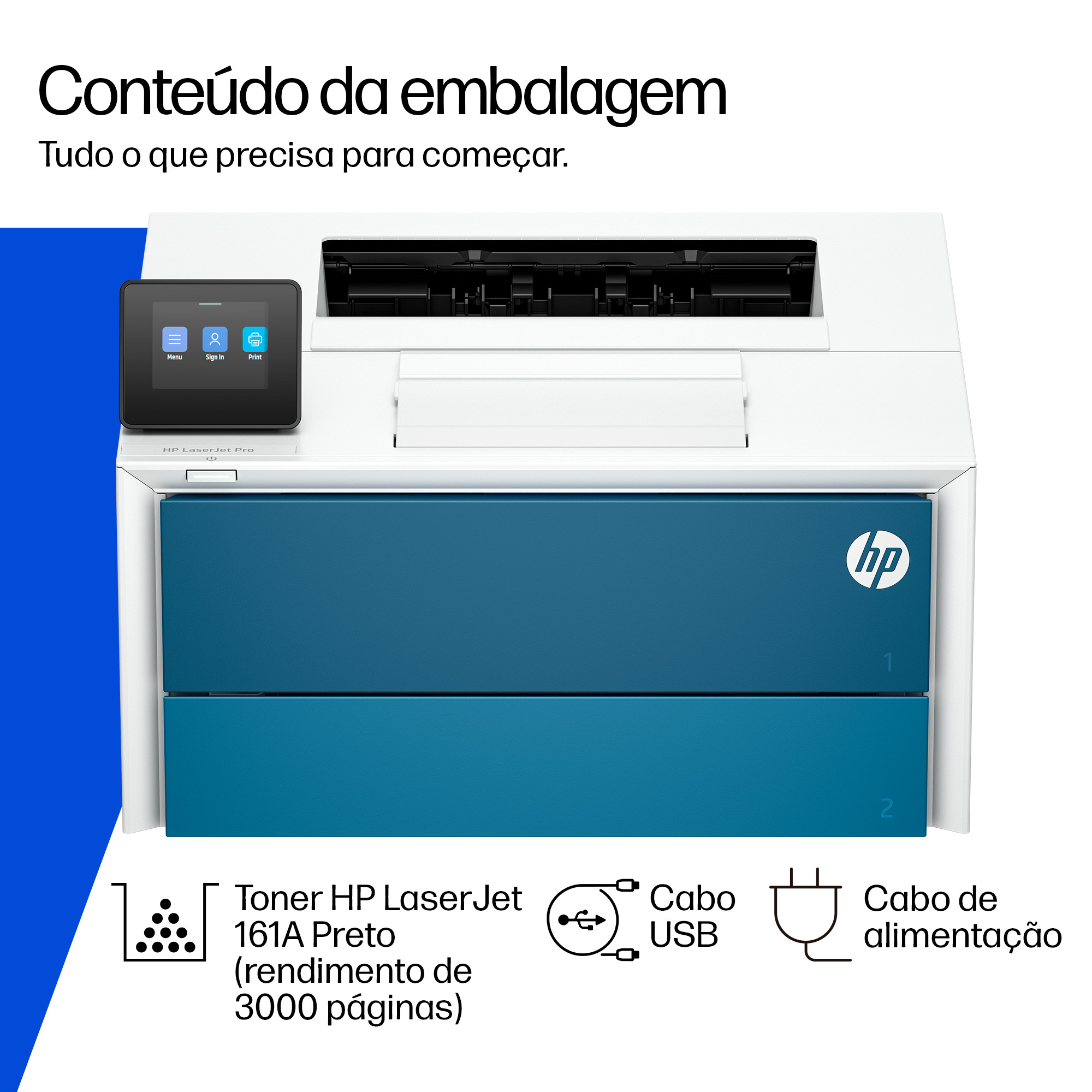 Impresora HP LaserJet Pro con pantalla táctil. Incluye tóner, cable USB y de alimentación.