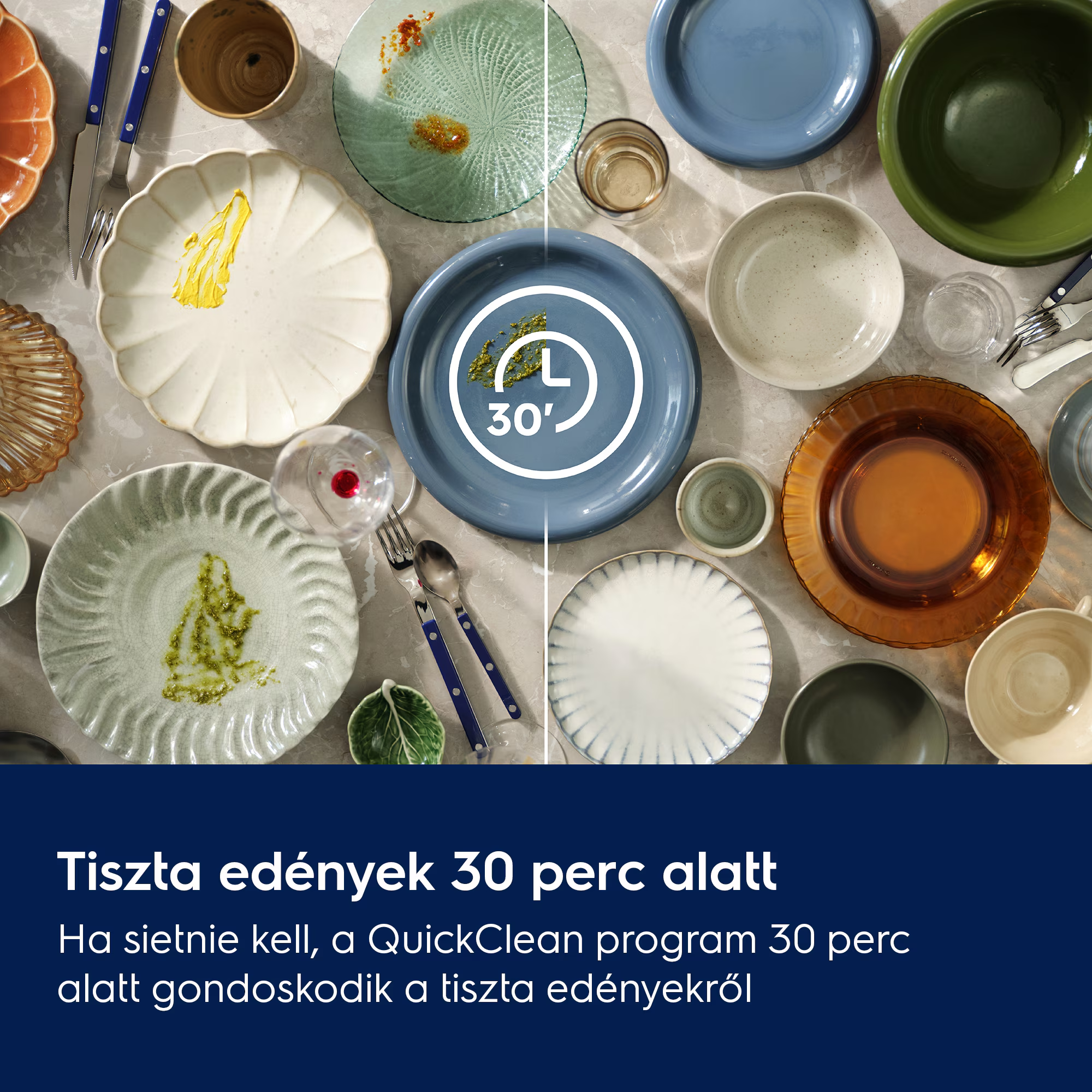 Piszkos és tiszta tányérok, '30'-as időzítő szimbólummal.
