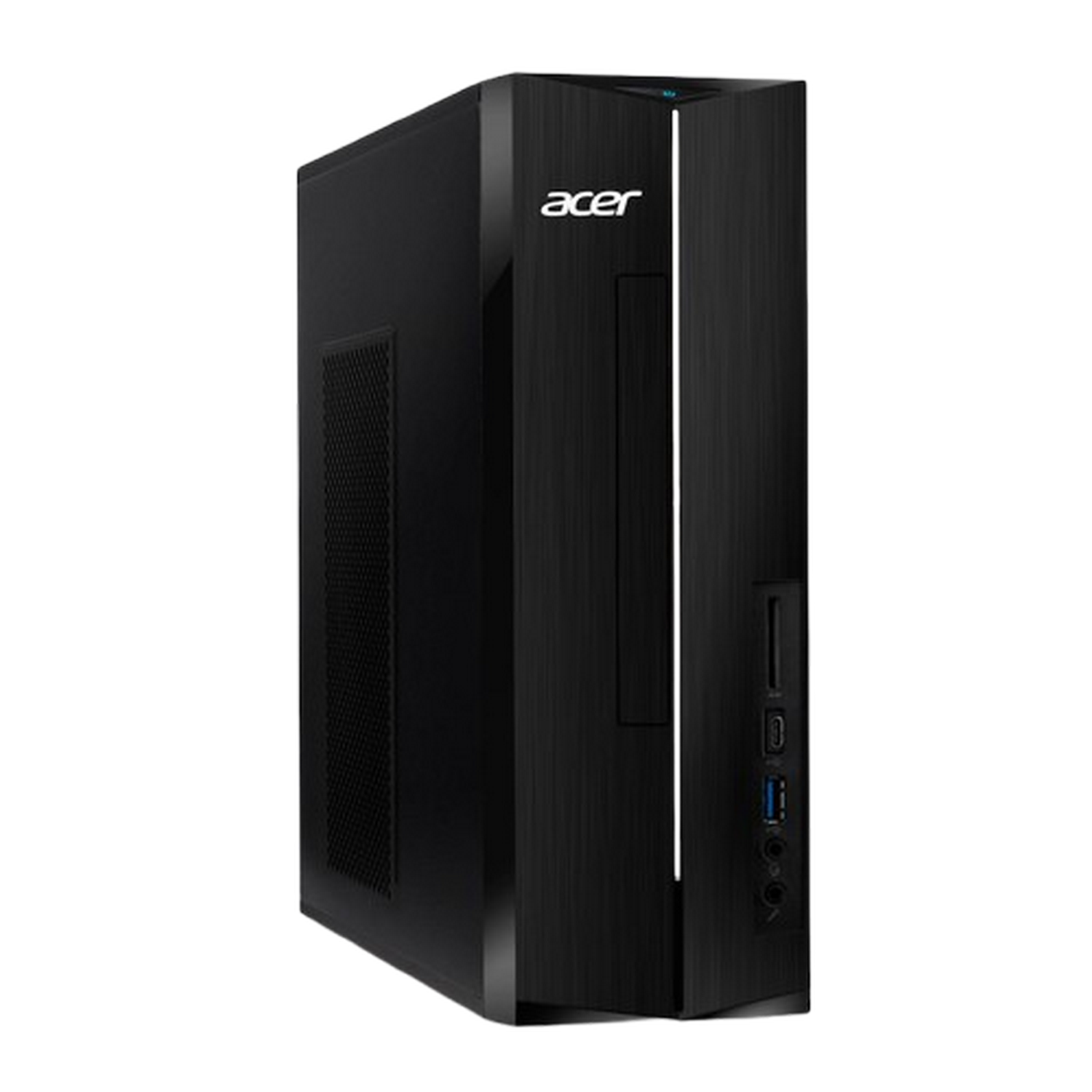 PC de sobremesa Acer negro con ventilaciones laterales y puertos frontales.