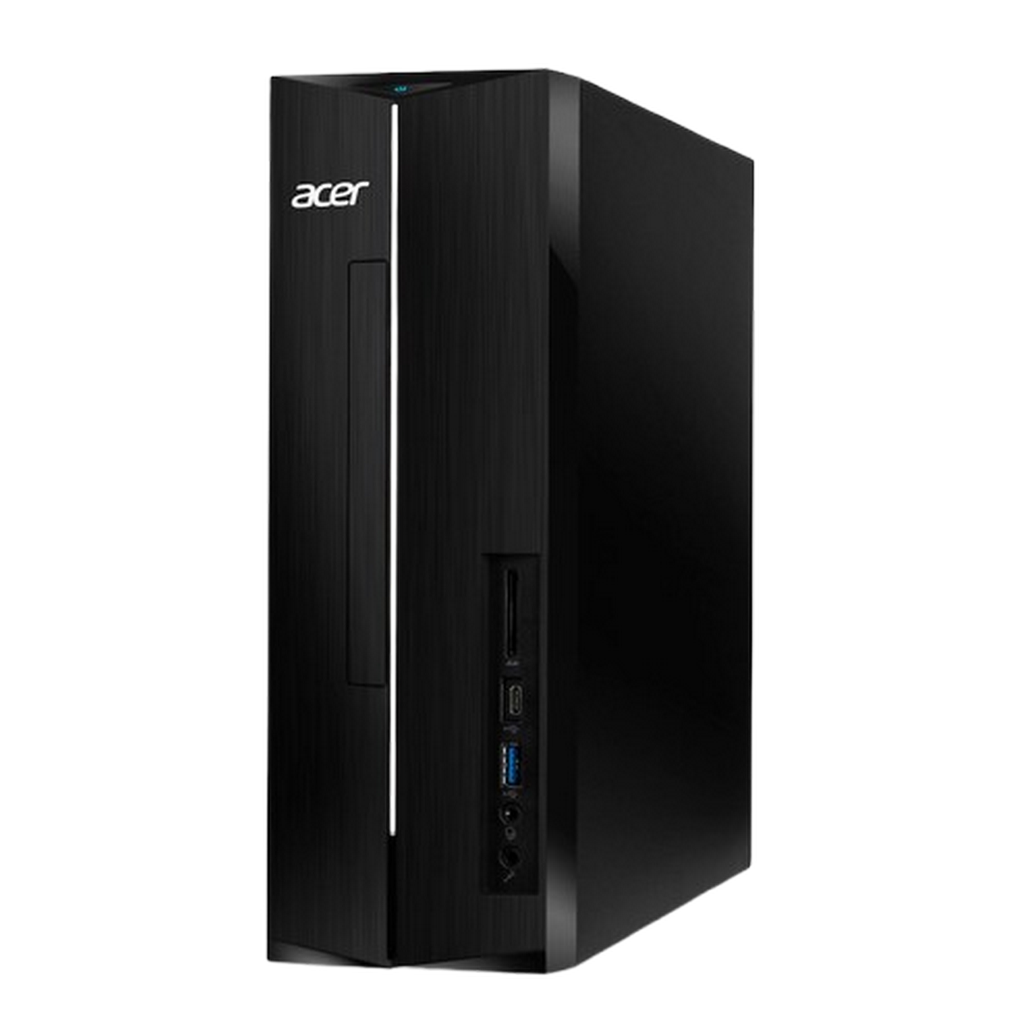 Un elegante ordenador de sobremesa Acer negro con unidad óptica y puertos USB.
