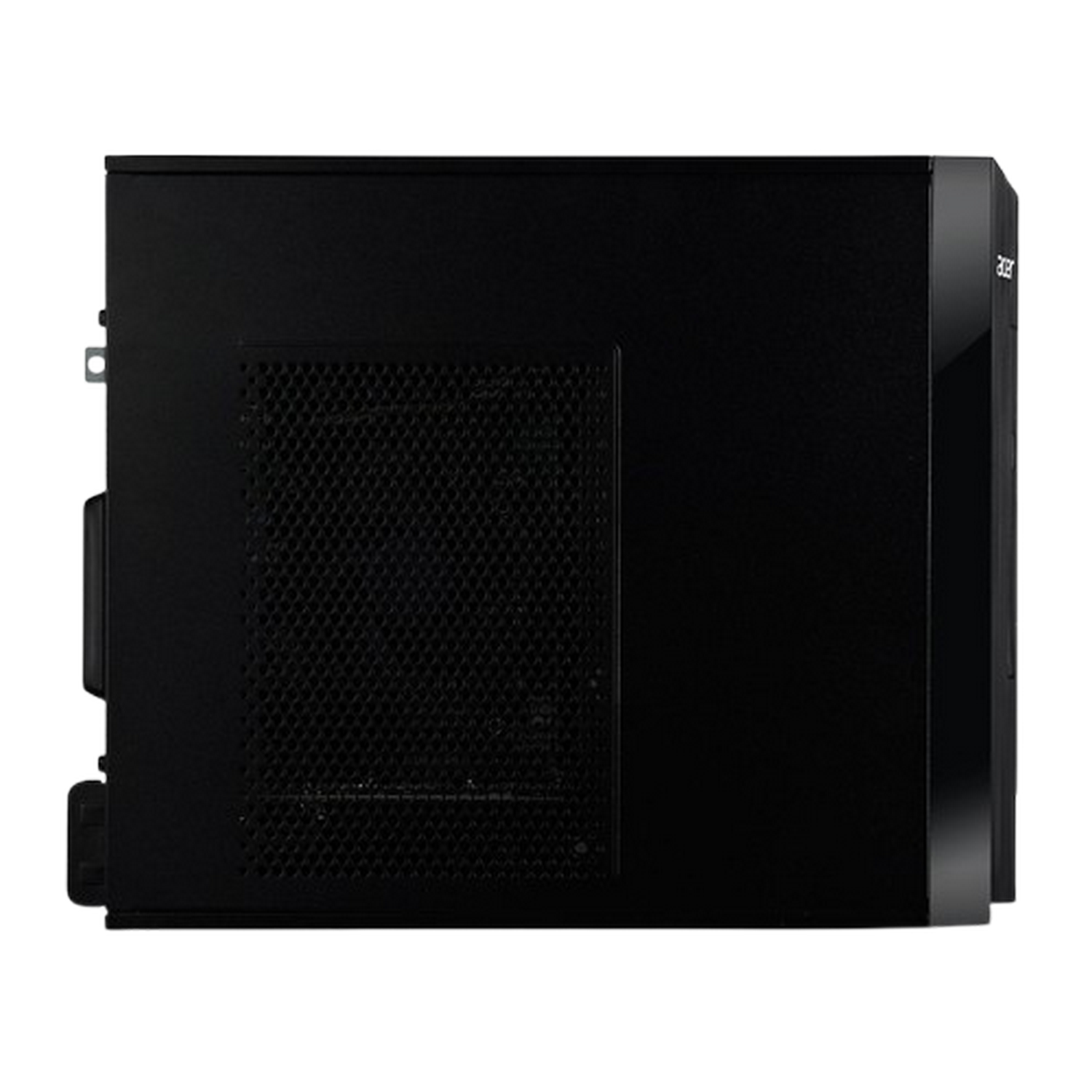 Caja de computadora de escritorio negra con rejilla de ventilación y logo de Acer.