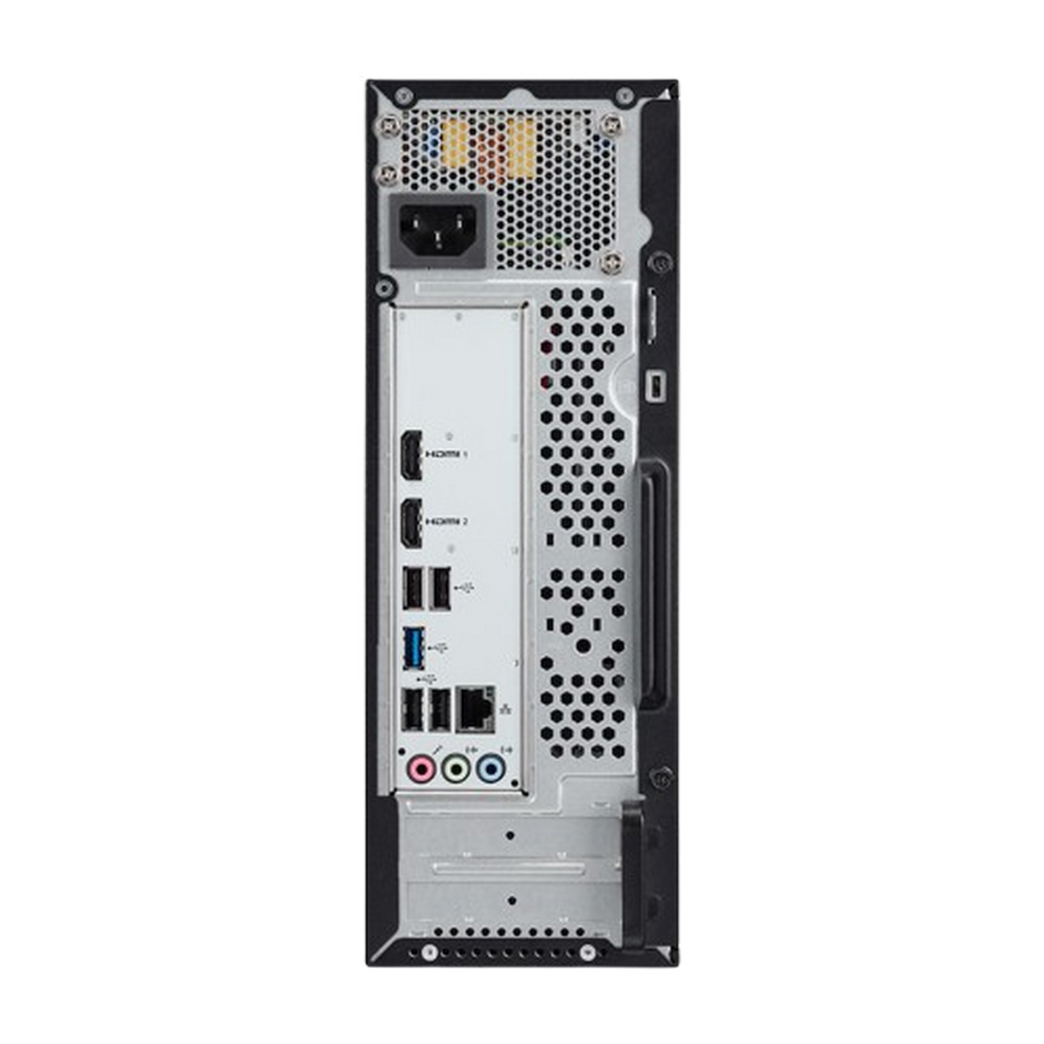 Vista trasera de un PC mostrando puertos de alimentación, HDMI, USB y audio.