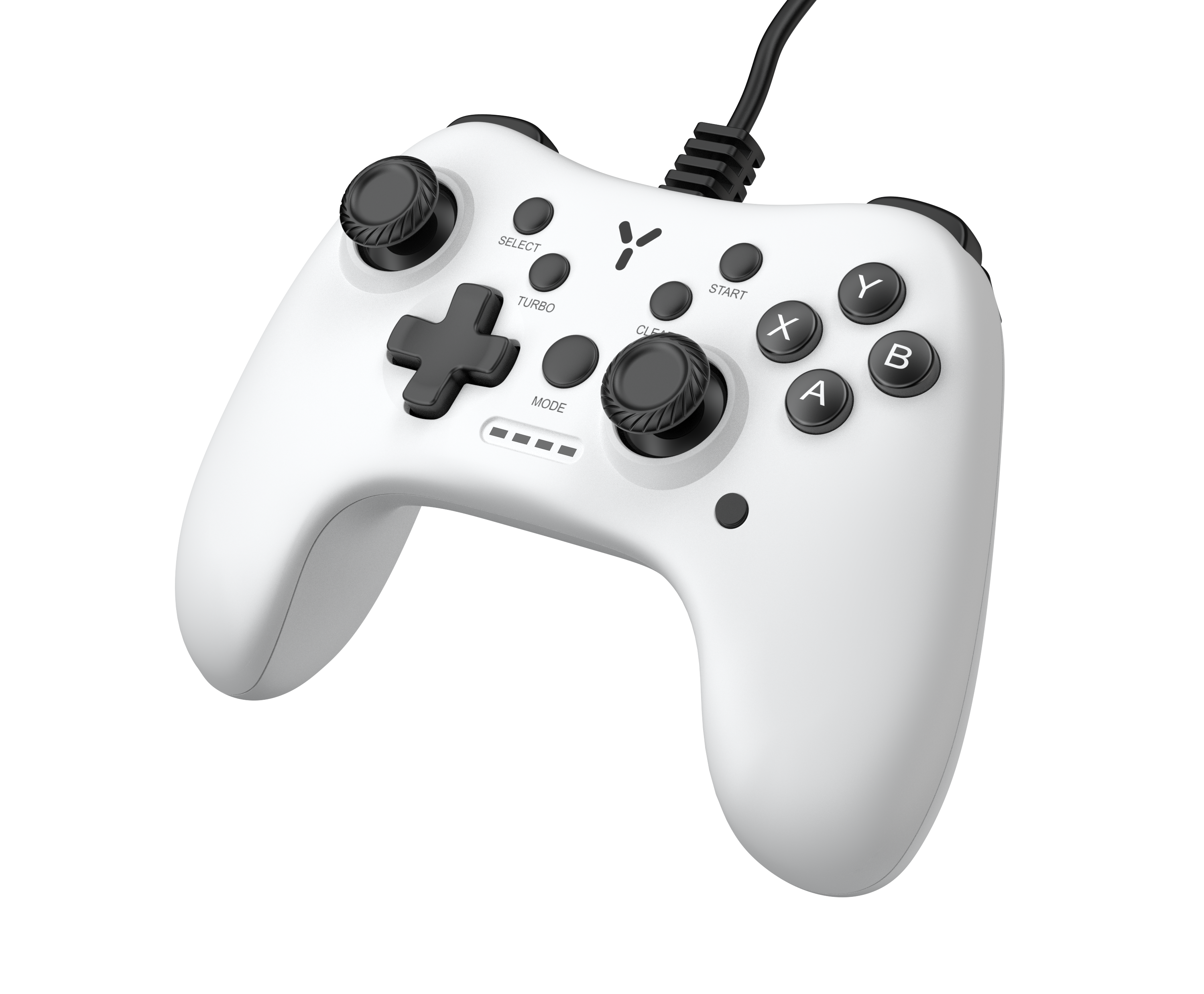 Fehér gamepad fekete gombokkal és joystickokkal, fekete háttéren.