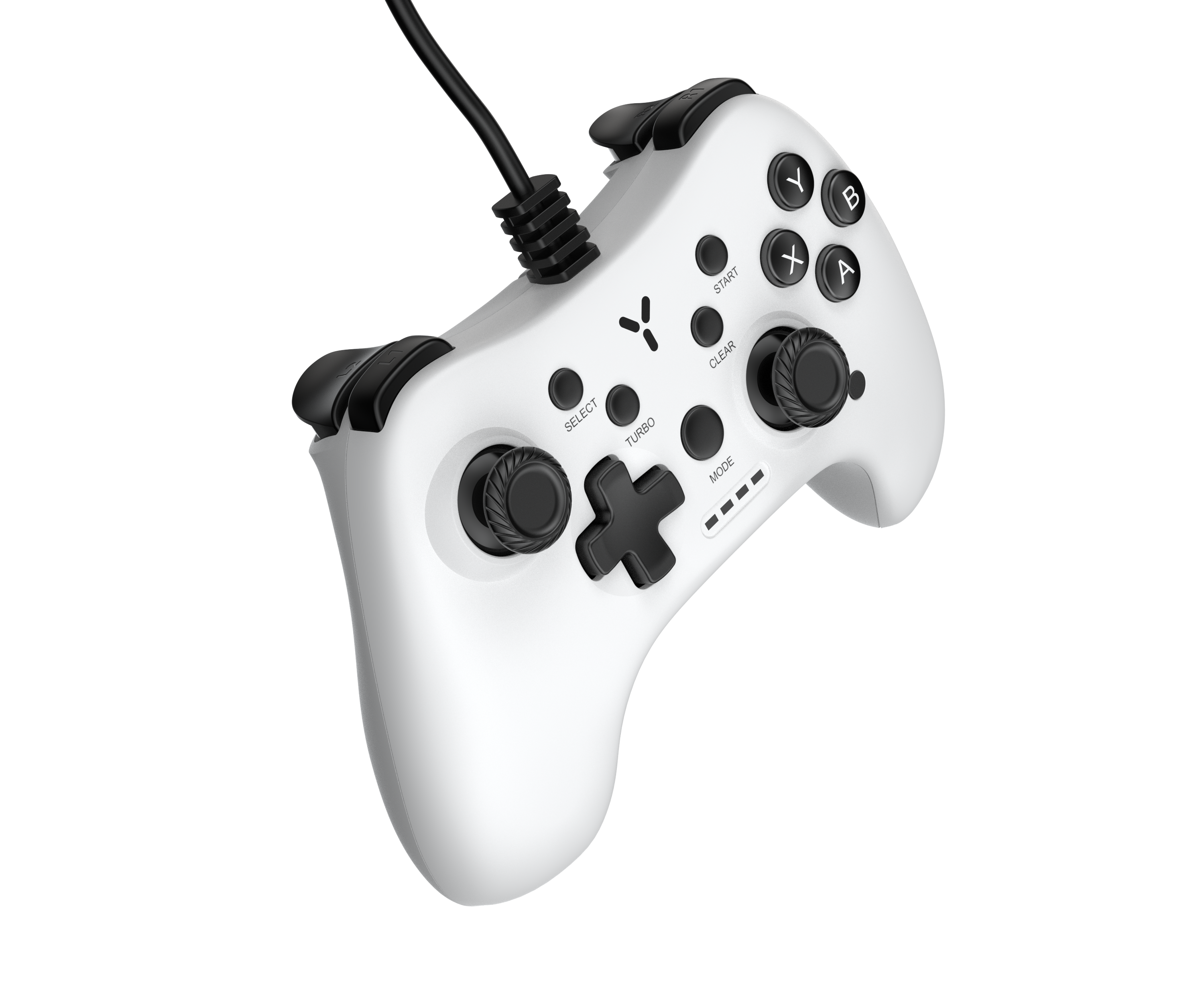 Fehér gamer kontroller fekete gombokkal és fekete kábellel.