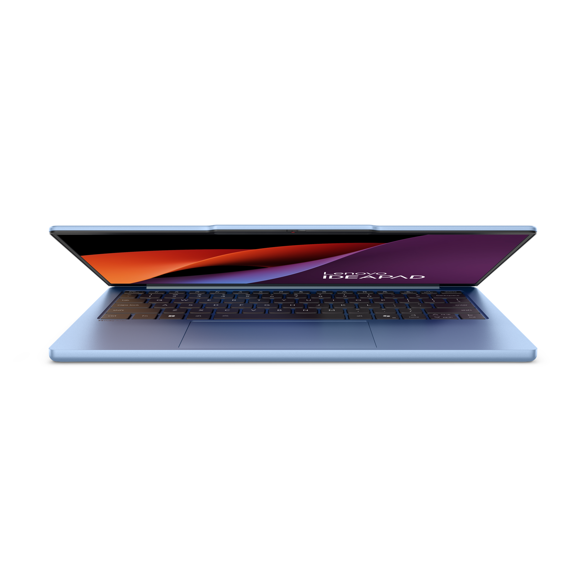 Egy világoskék Lenovo IdeaPad laptop nyitva, élénk háttérképet és billentyűzetet mutat.