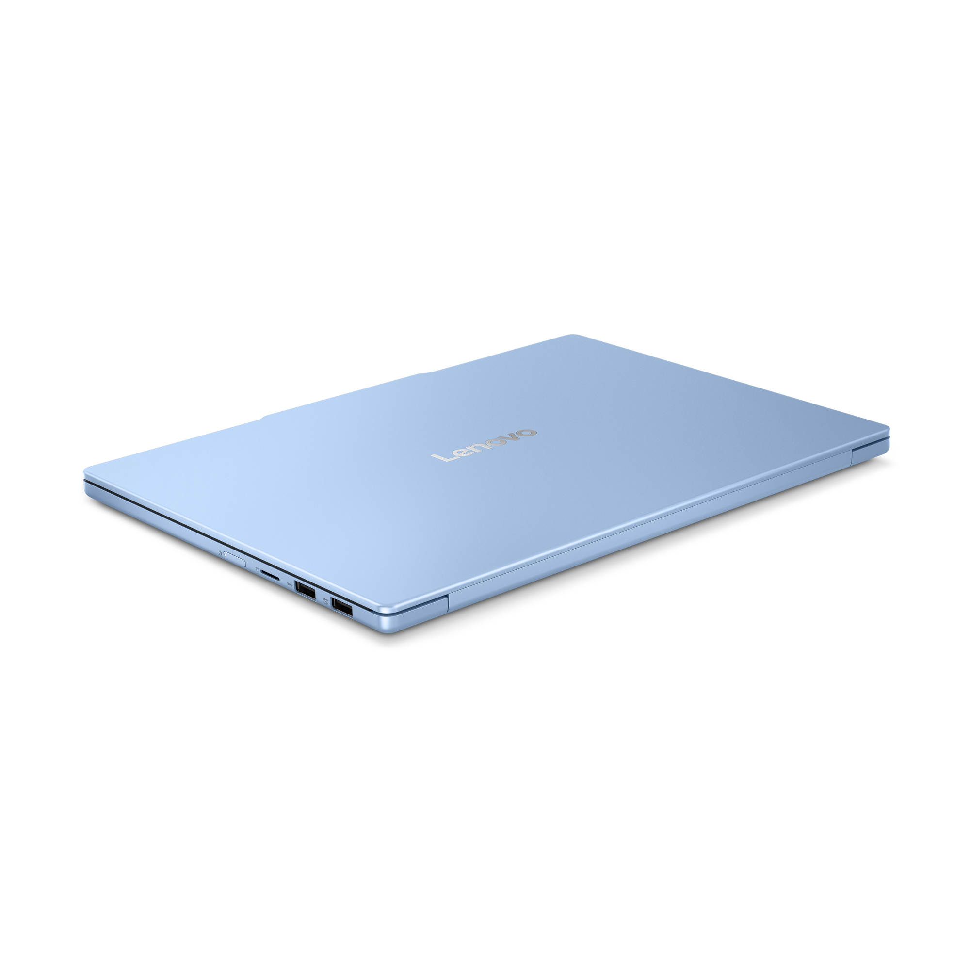Világoskék Lenovo laptop, csukott állapotban, oldalról nézve.