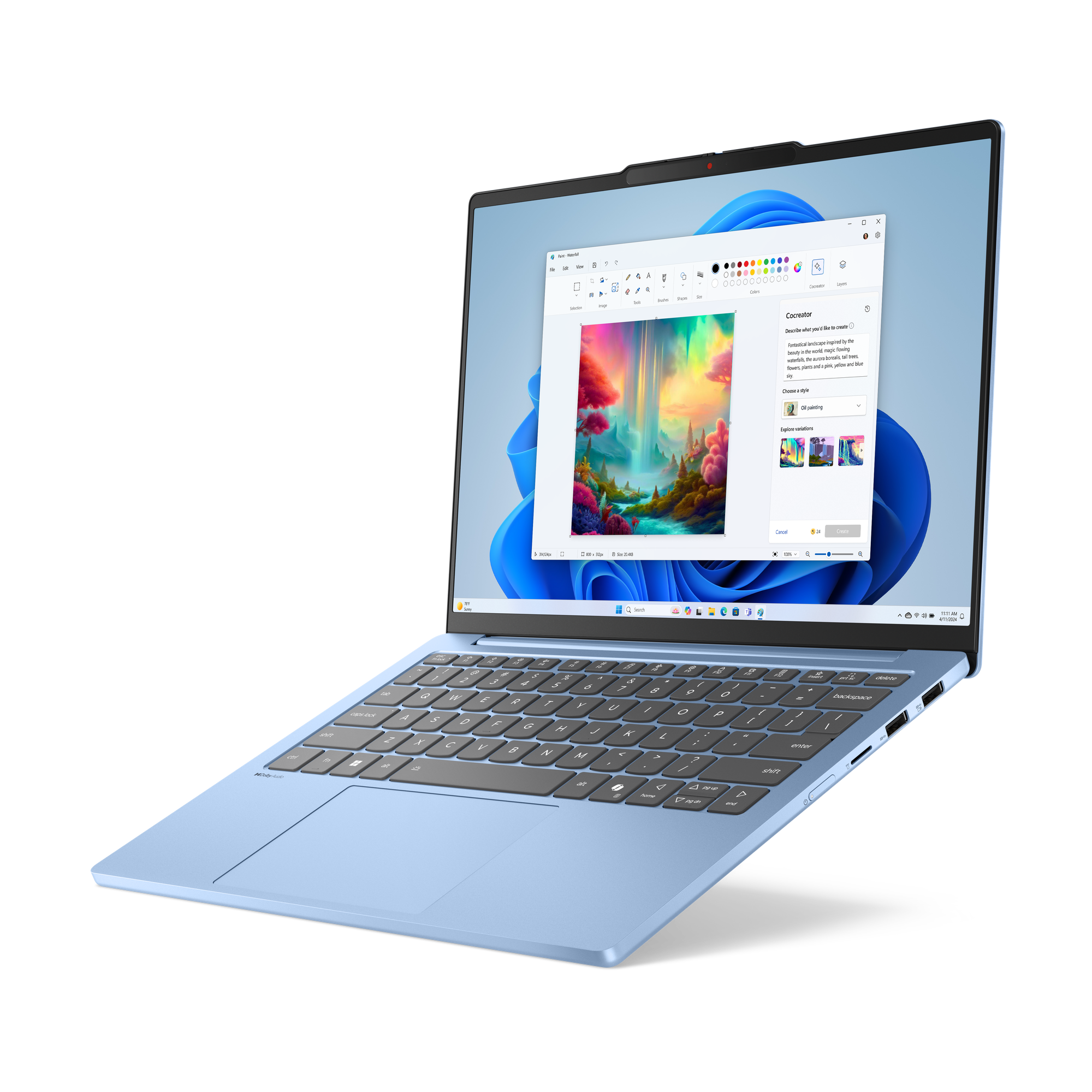 Egy világoskék laptop digitális festőalkalmazást mutat, fantasztikus vízesés képpel.
