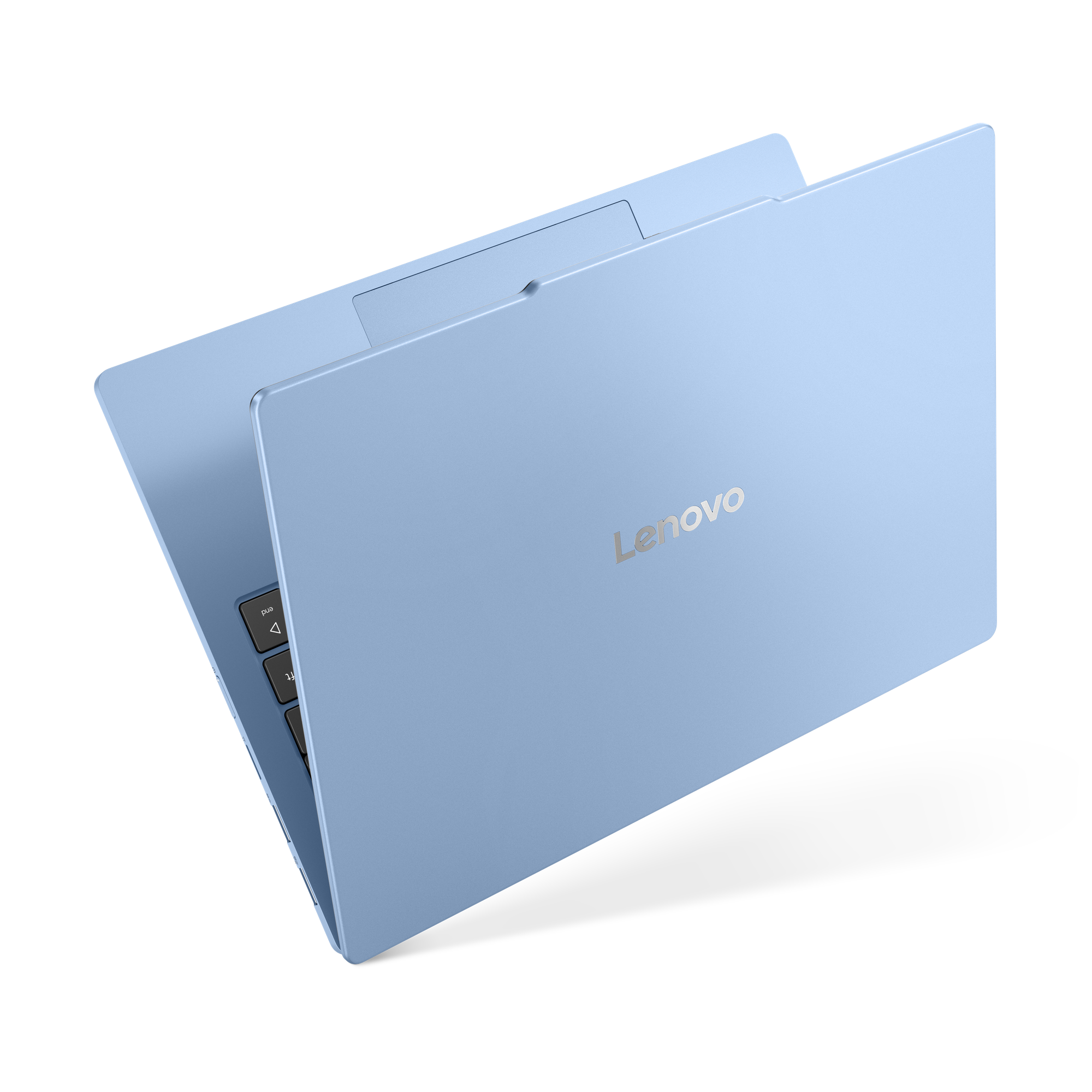 Egy világoskék Lenovo laptop, felülnézetből, billentyűzettel és logóval.