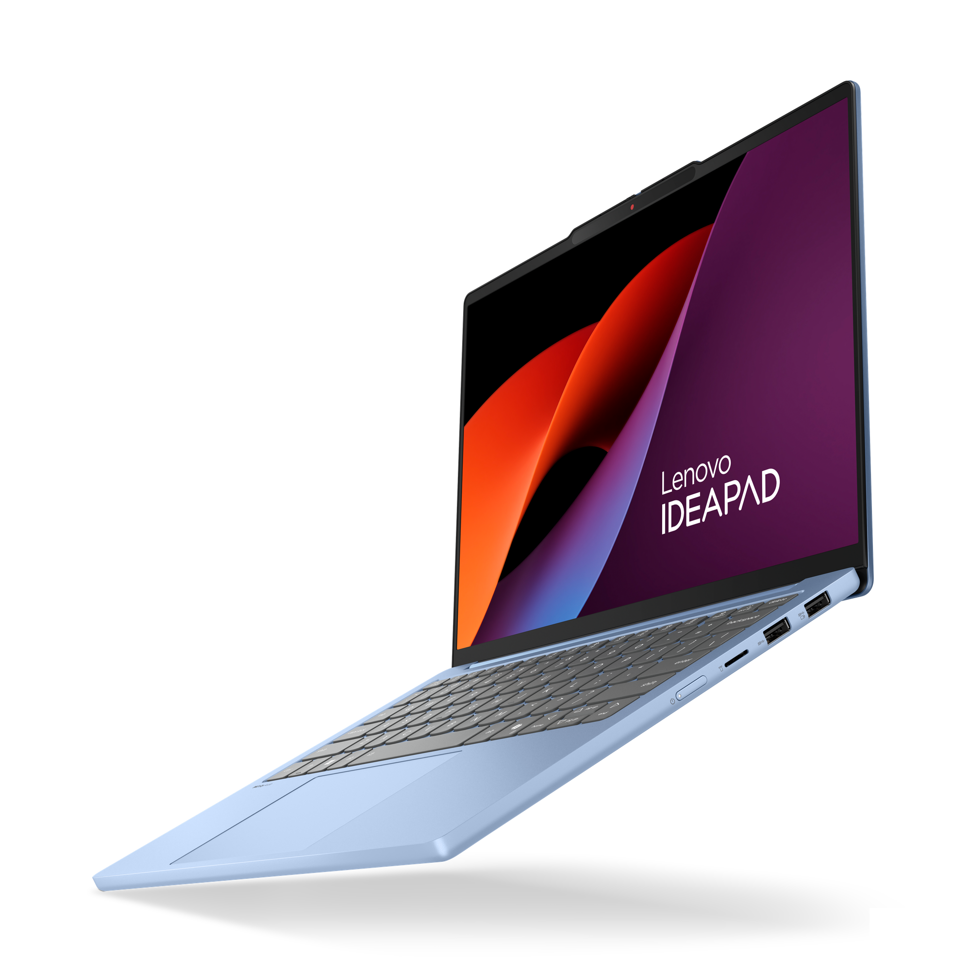 Egy világoskék Lenovo Ideapad laptop nyitva van, színes háttérrel a képernyőjén.